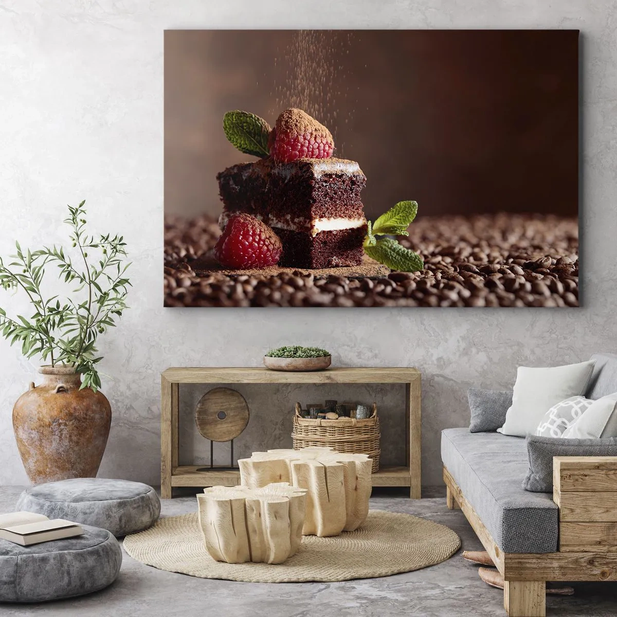 Bild auf Leinwand - Leinwandbild - Schokoladenkuchen mit Himbeeren und Minze auf einem Hintergrund aus Kakaobohnen - 70x50cm - Das Leben ist süß - Moderne Wanddekoration für Wohnzimmer und Schlafzimmer ARTTOR