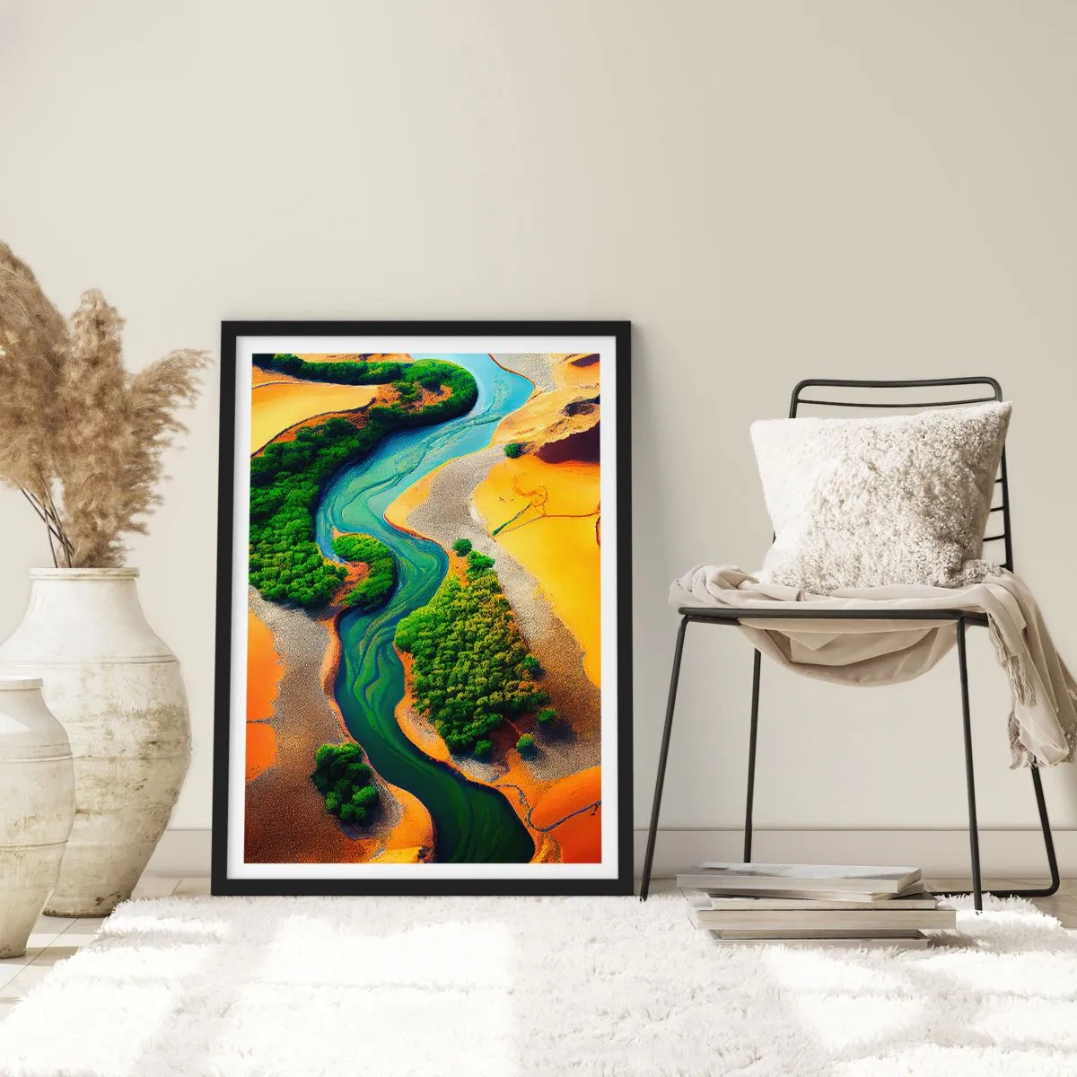 Poster in einem schwarzem Rahmen - Eine farbenfrohe Landschaft mit einem gewundenen Fluss - 50x70cm - Lebensspendender Fluss - Moderne Wanddekoration für Wohnzimmer und Schlafzimmer ARTTOR
