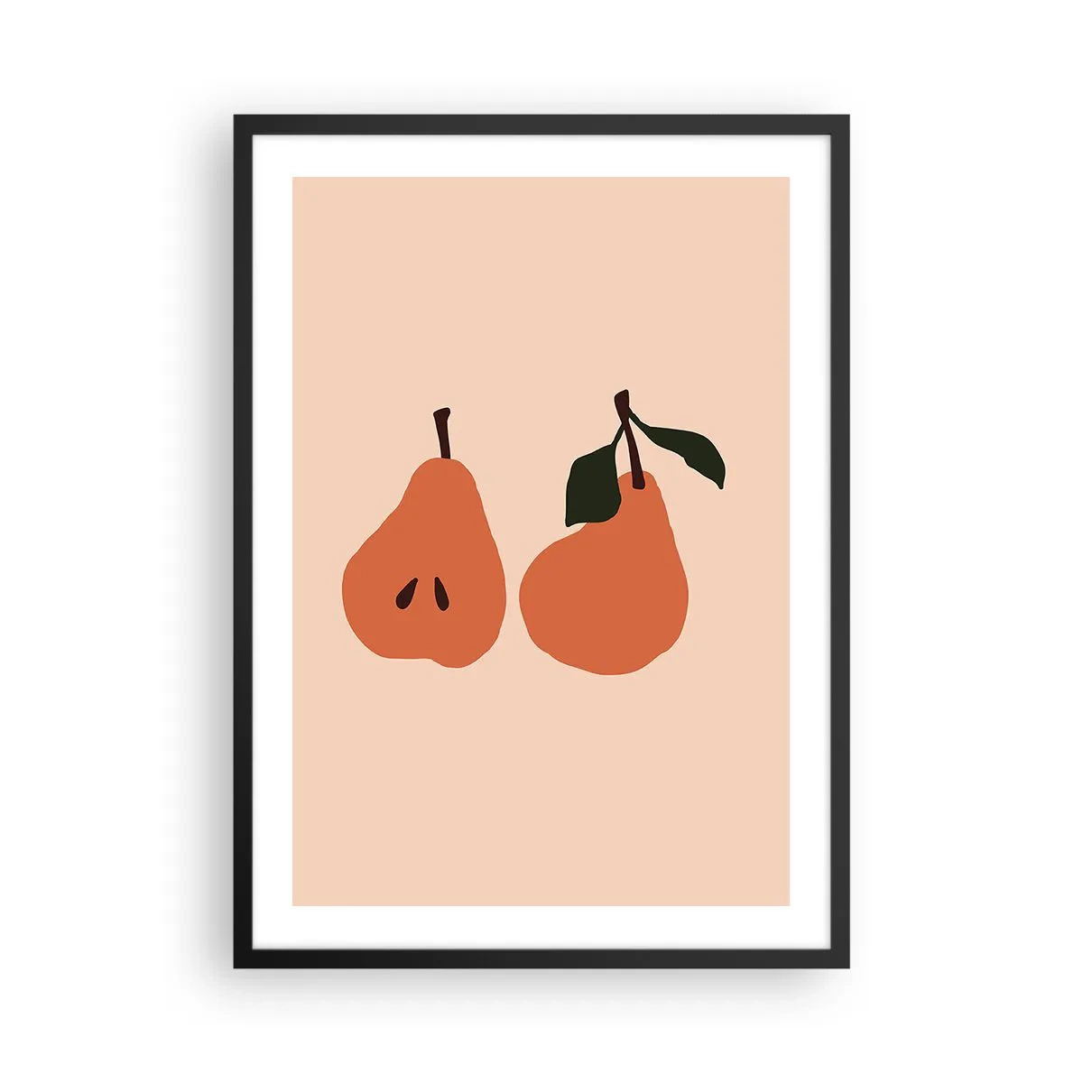 Poster in einem schwarzem Rahmen - Eine minimalistische Illustration von zwei Birnen auf beigem Hintergrund. - 50x70cm - Pure Süße - Moderne Wanddekoration für Wohnzimmer und Schlafzimmer ARTTOR