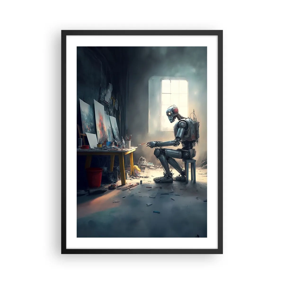 Poster in einem schwarzem Rahmen - Roboterkünstler malt Bilder in seinem Atelier - 50x70cm - Schöpfungsakt - Moderne Wanddekoration für Wohnzimmer und Schlafzimmer ARTTOR