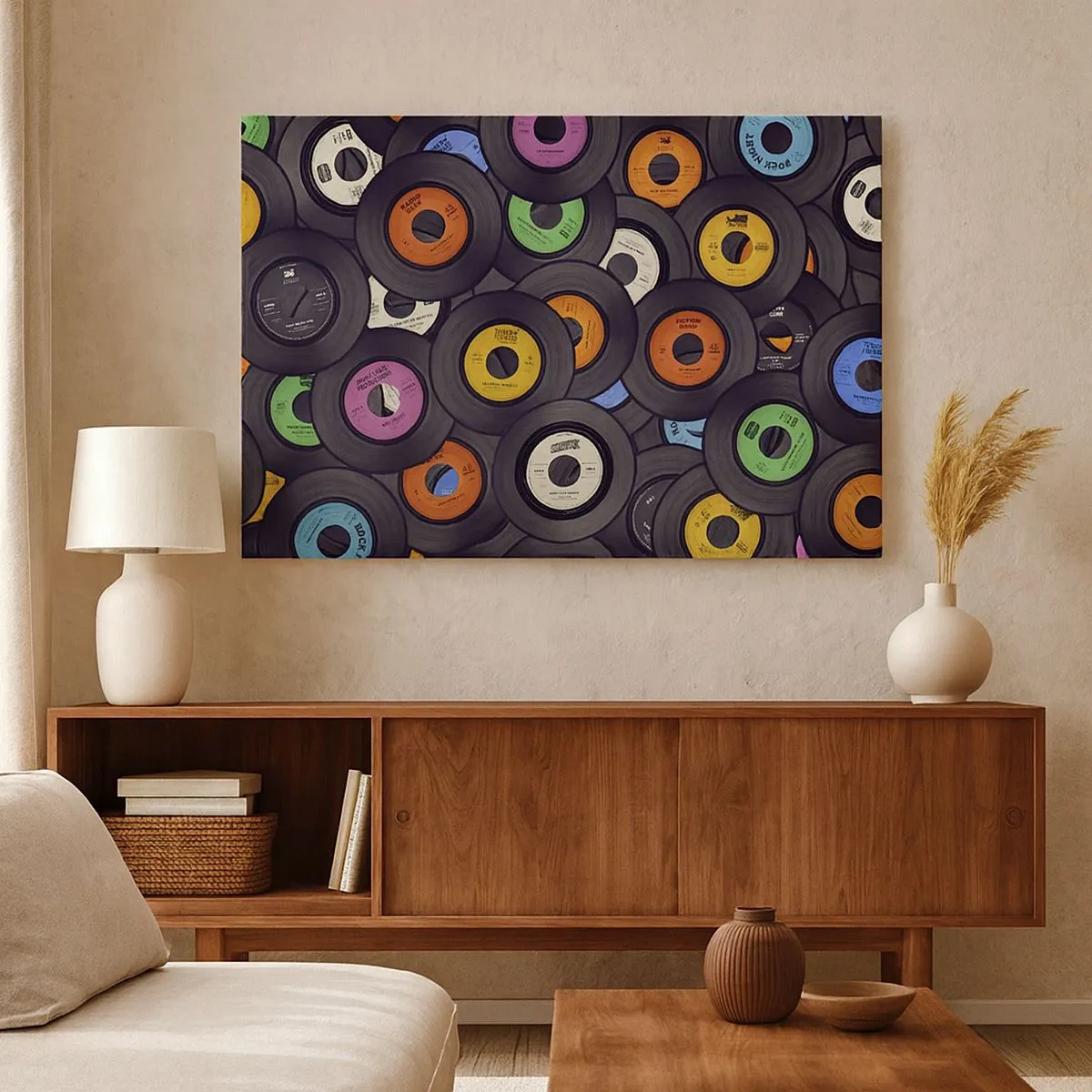 Bild auf Leinwand - Leinwandbild - Bunte Vinyls übereinander gestapelt - 70x50cm - Farben der Klassiker - Moderne Wanddekoration für Wohnzimmer und Schlafzimmer ARTTOR