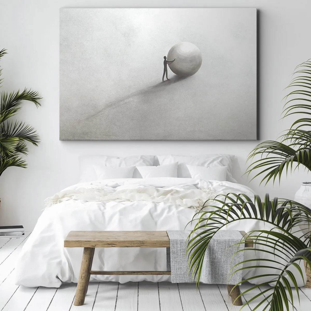 Bild auf Leinwand - Leinwandbild - Eine minimalistische Figur mit einem Ball auf einem hellen, monochromen Hintergrund. - 70x50cm - Das Spiel des Lebens - Moderne Wanddekoration für Wohnzimmer und Schlafzimmer ARTTOR