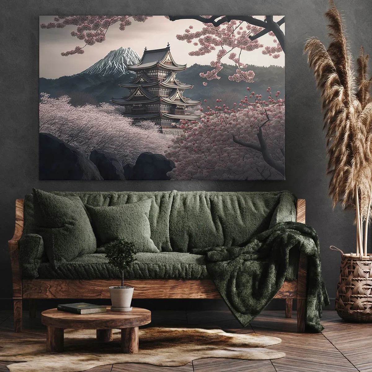 Bild auf Leinwand - Leinwandbild - Ein japanischer Tempel, umgeben von Kirschblüten und Bergen - 70x50cm - Land der Kirschblüten - Moderne Wanddekoration für Wohnzimmer und Schlafzimmer ARTTOR