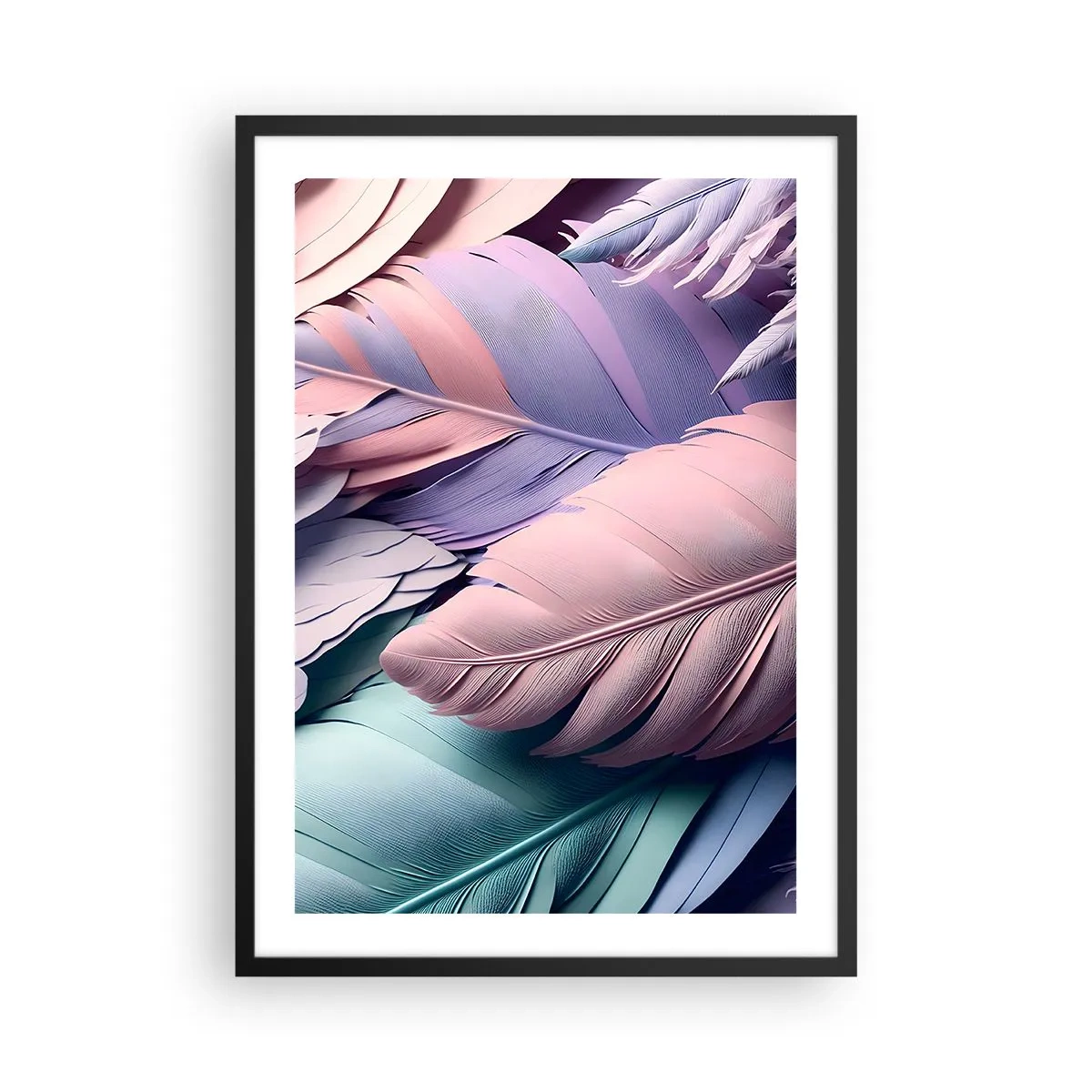 Poster in einem schwarzem Rahmen - Pastellfarbene Federn in zarten Farbtönen - 50x70cm - Vogel-Chic - Moderne Wanddekoration für Wohnzimmer und Schlafzimmer ARTTOR