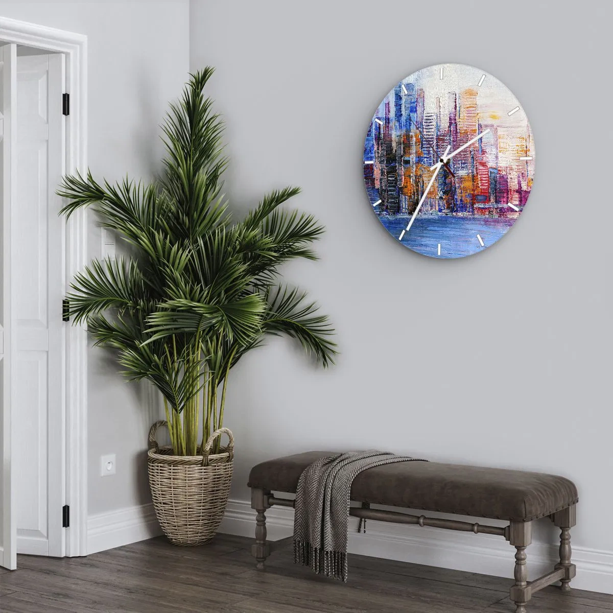 Wanduhr - Glasuhr - Bunte Wolkenkratzer über dem Wasser in einem ausdrucksstarken, malerischen Stil - 30x30cm - Fröhliche Metropole - Moderne Wanddekoration für Wohnzimmer, Küche und Schlafzimmer ARTTOR