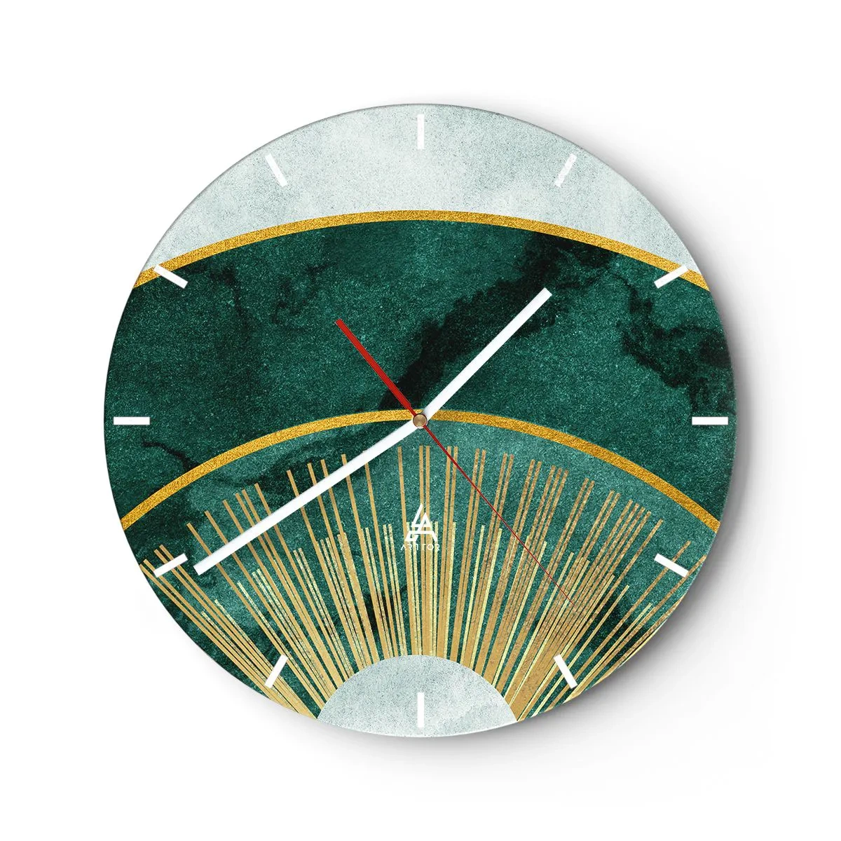 Wanduhr - Glasuhr - Grüne und goldene Grafik mit Strahlen, die an einen Sonnenaufgang erinnern - 30x30cm - Anderes Sonnensystem - Moderne Wanddekoration für Wohnzimmer, Küche und Schlafzimmer ARTTOR