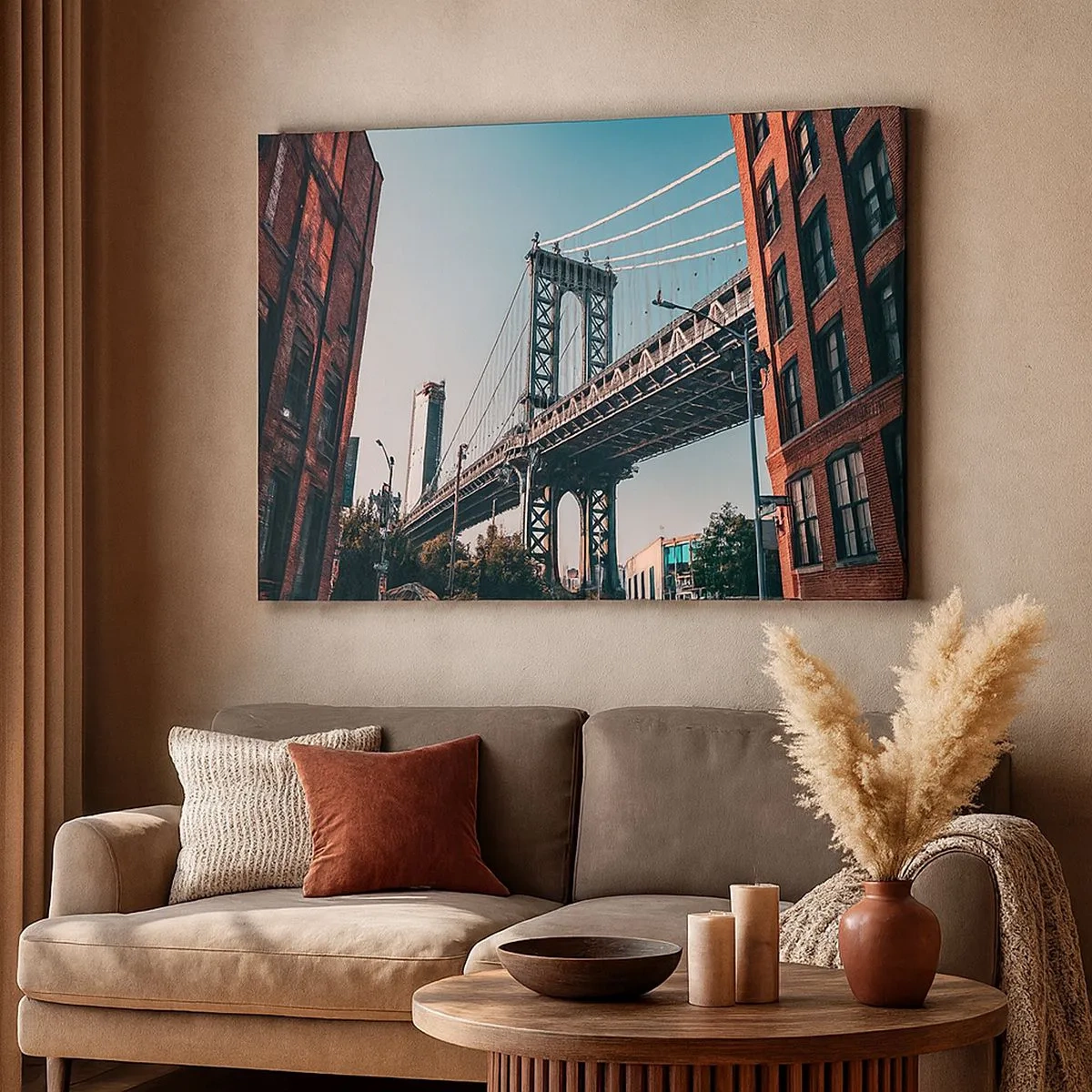 Bild auf Leinwand - Leinwandbild - Eine Brücke zwischen Gebäuden in einer städtischen Landschaft - 70x50cm - Über den Wellen der Stadt - Moderne Wanddekoration für Wohnzimmer und Schlafzimmer ARTTOR