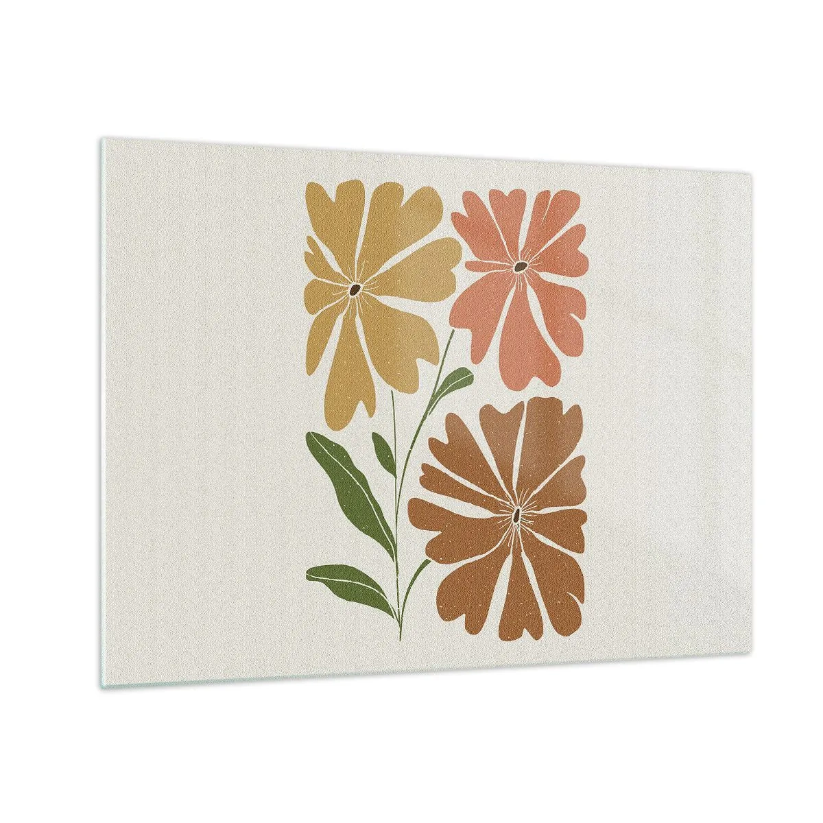 Glasbild - Bild auf glas - Drei stilisierte Blumen in warmen Farben auf hellem Hintergrund - 70x50cm - Natur und Geometrie - Moderne Wanddekoration für Wohnzimmer und Schlafzimmer ARTTOR