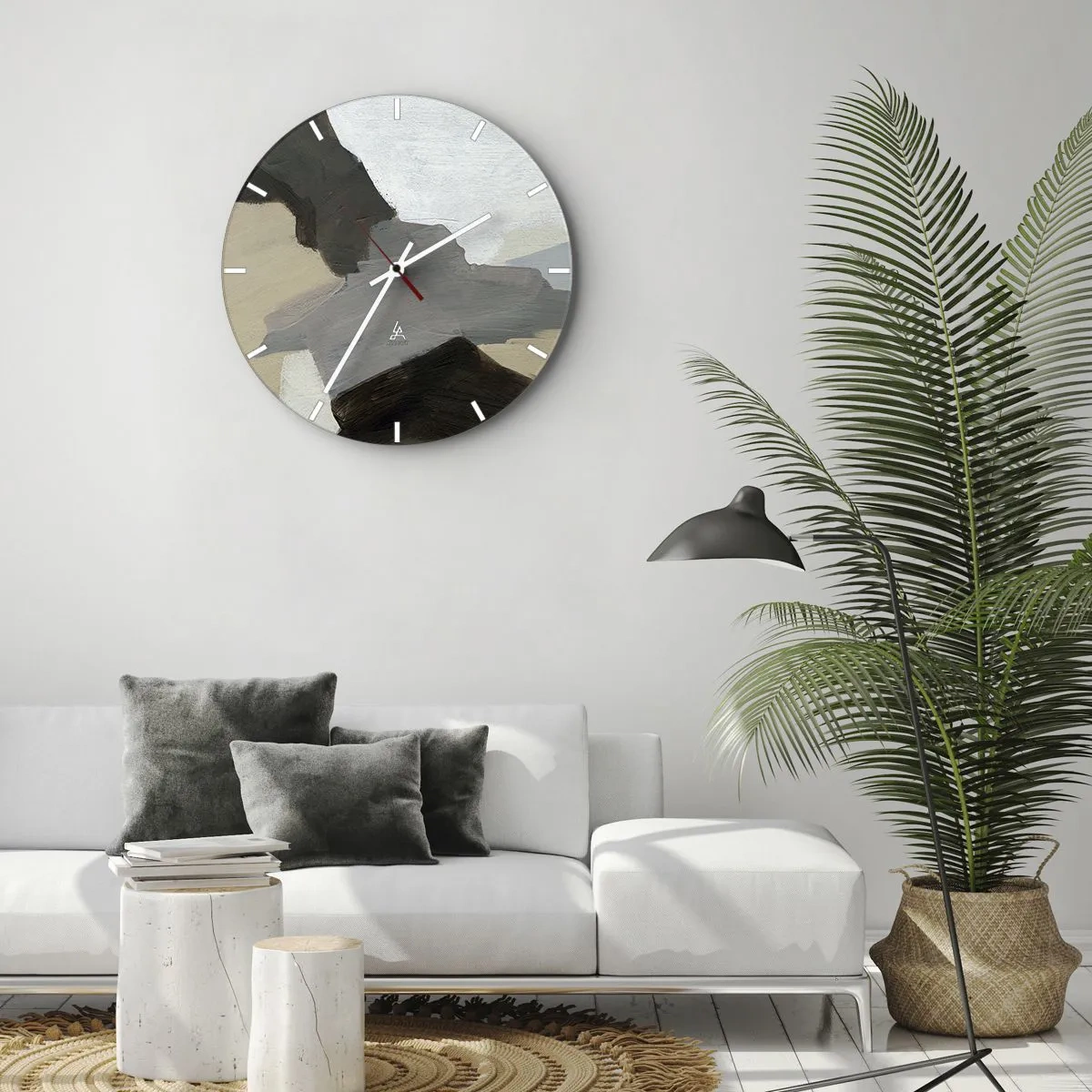 Wanduhr - Glasuhr - Abstrakte Komposition in Grau- und Beigetönen - 30x30cm - Abstraktion: Scheideweg des Graus - Moderne Wanddekoration für Wohnzimmer, Küche und Schlafzimmer ARTTOR