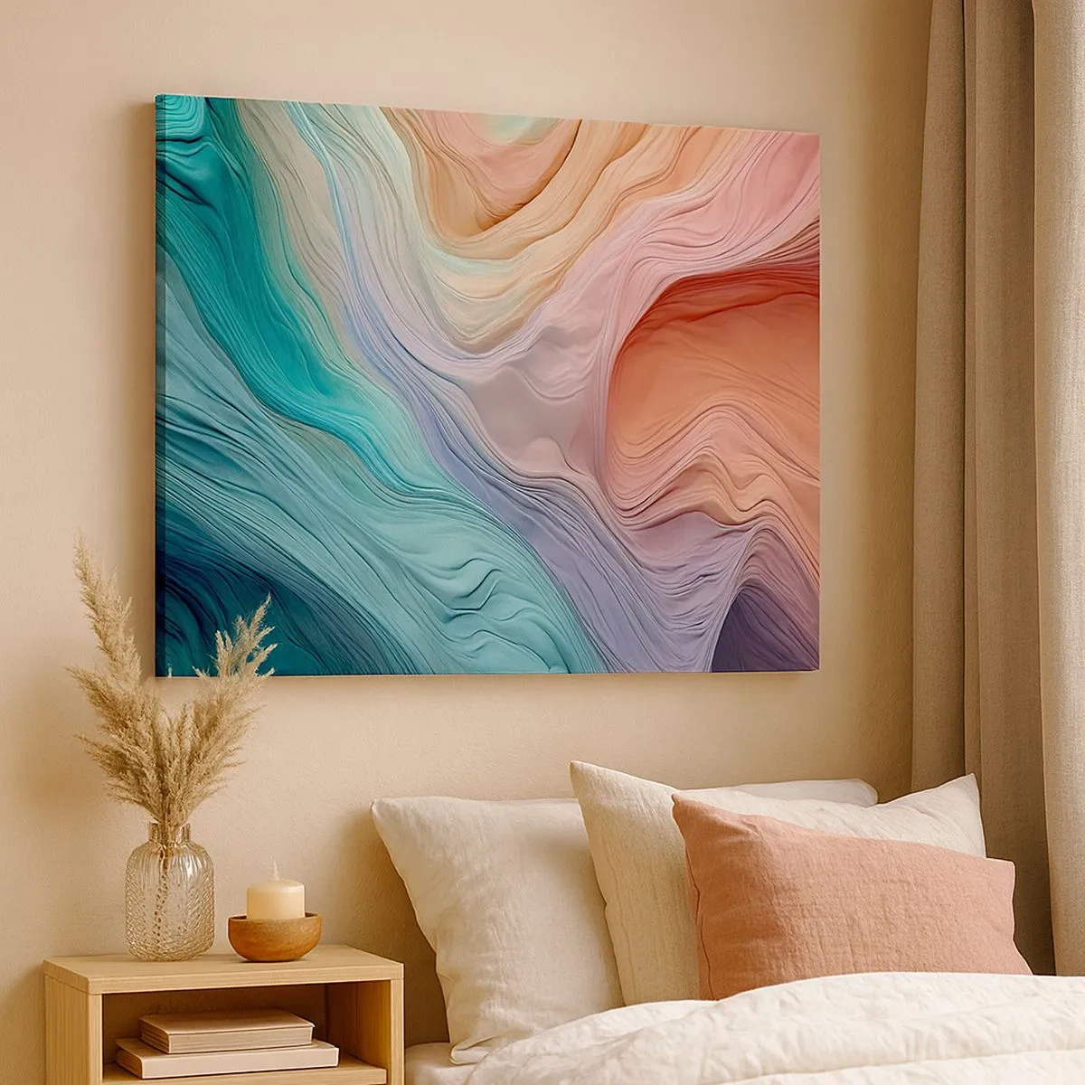 Bild auf Leinwand - Leinwandbild - Abstrakte Wellen in Pastell- und Regenbogenfarben - 70x50cm - Regenbogenwelle - Moderne Wanddekoration für Wohnzimmer und Schlafzimmer ARTTOR
