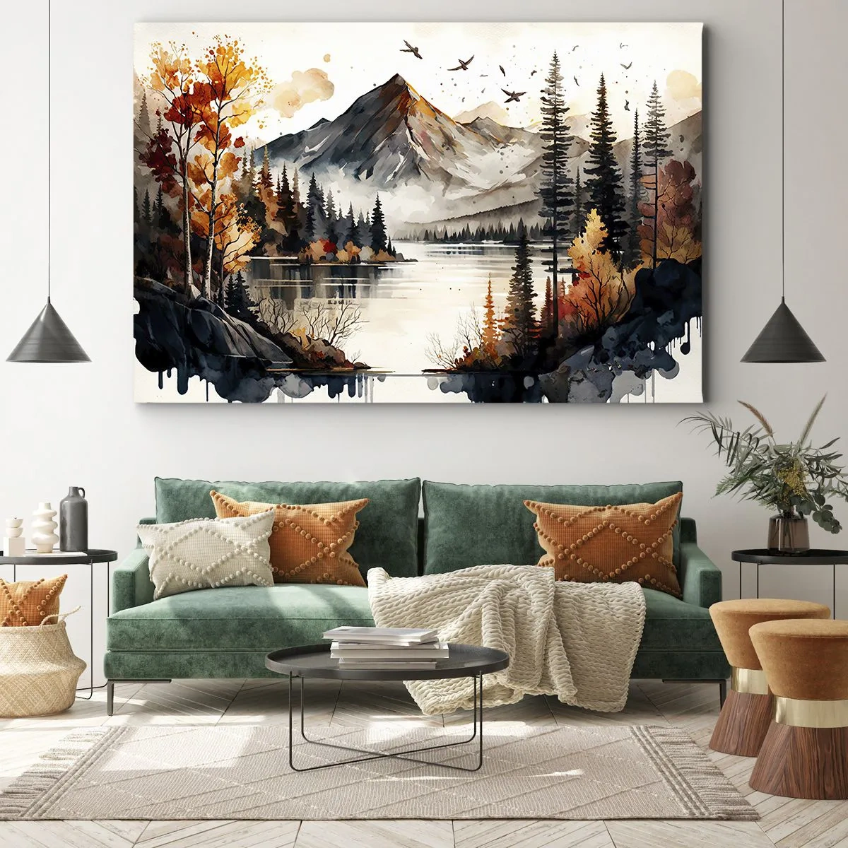 Bild auf Leinwand - Leinwandbild - Herbstliche Berglandschaft mit See und Bäumen in Aquarell - 70x50cm - Goldener Herbst in den Bergen - Moderne Wanddekoration für Wohnzimmer und Schlafzimmer ARTTOR