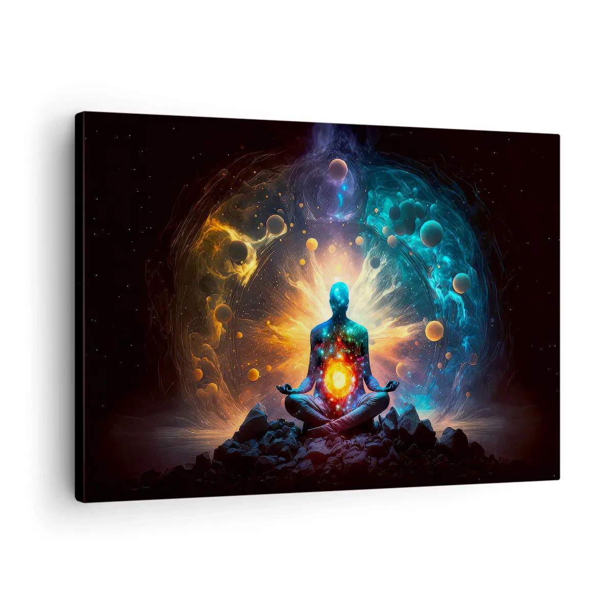 Bild auf Leinwand - Leinwandbild - Eine meditierende Figur, umgeben von einer kosmischen Aura - 70x50cm - Kosmischer Frieden - Moderne Wanddekoration für Wohnzimmer und Schlafzimmer ARTTOR