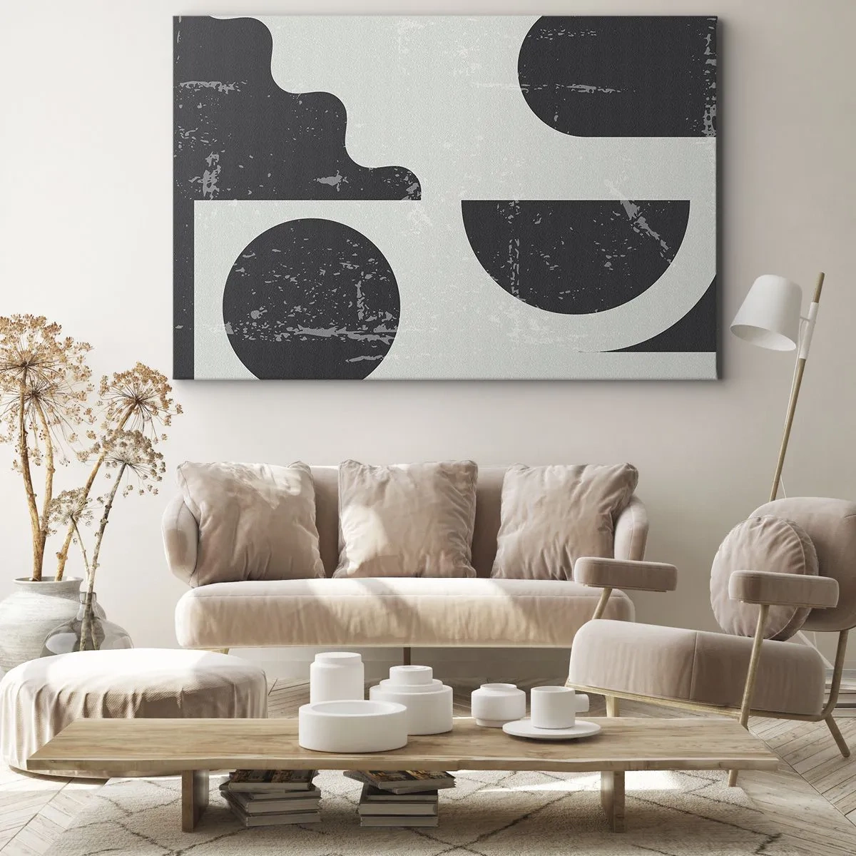 Bild auf Leinwand - Leinwandbild - Geometrische Muster in Schwarz- und Grautönen - 70x50cm - Komposition oben und unten - Moderne Wanddekoration für Wohnzimmer und Schlafzimmer ARTTOR