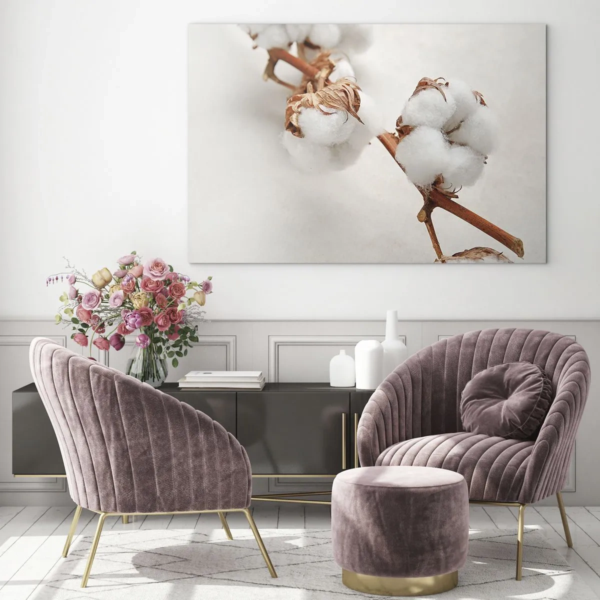 Glasbild - Bild auf glas - Nahaufnahme eines Baumwollzweigs vor hellem Hintergrund - 70x50cm - Nur umarmen - Moderne Wanddekoration für Wohnzimmer und Schlafzimmer ARTTOR