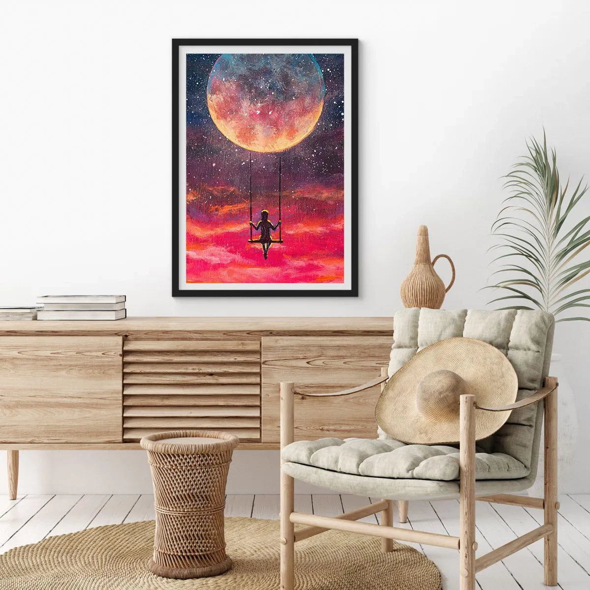 Poster in einem schwarzem Rahmen - Mädchen auf einer Schaukel unter dem Vollmond - 50x70cm - Traum - Moderne Wanddekoration für Wohnzimmer und Schlafzimmer ARTTOR