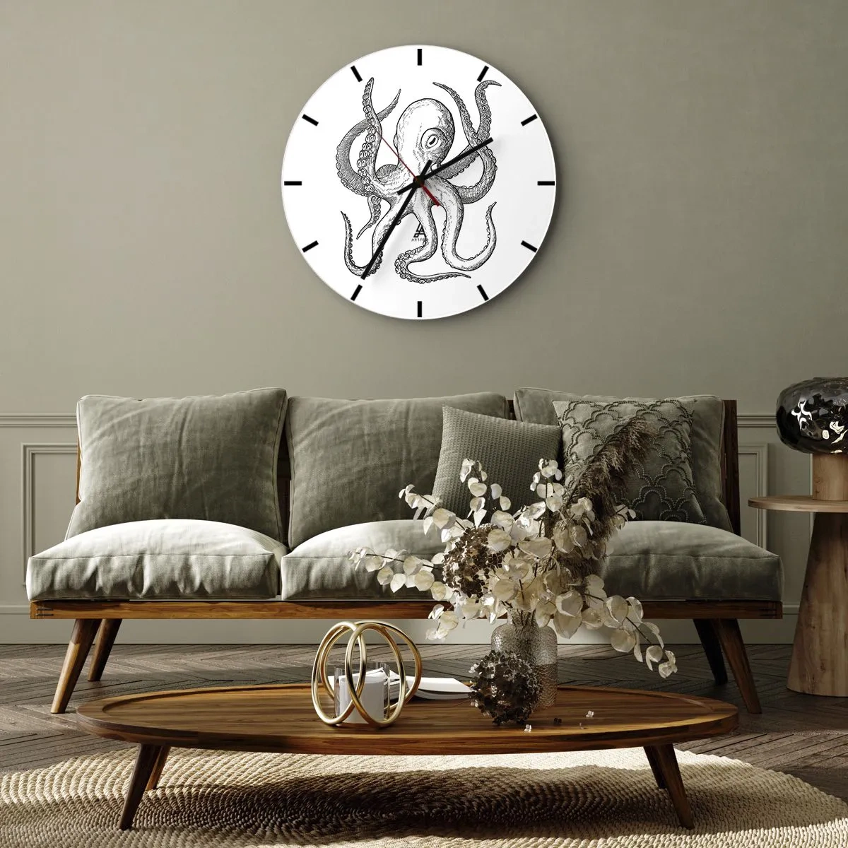 Wanduhr - Glasuhr - Oktopus-Illustration im Vintage-Stil auf weißem Hintergrund - 30x30cm - Mit den Wellen tanzen - Moderne Wanddekoration für Wohnzimmer, Küche und Schlafzimmer ARTTOR