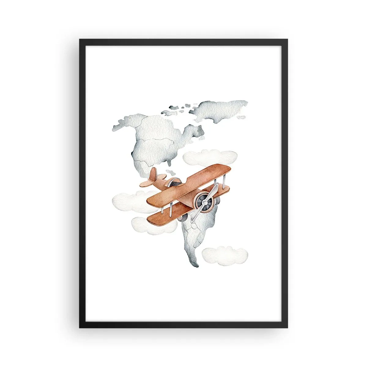 Poster in einem schwarzem Rahmen - Ein Doppeldecker über einer Weltkarte in den Wolken - 50x70cm - Im Pioniergeist - Moderne Wanddekoration für Wohnzimmer und Schlafzimmer ARTTOR