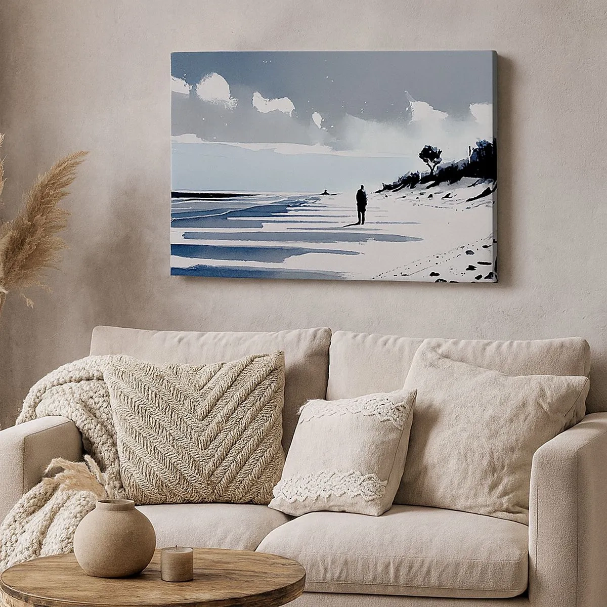 Bild auf Leinwand - Leinwandbild - Eine einsame Gestalt, die an einem leeren Strand entlanggeht - 70x50cm - Allein sein - Moderne Wanddekoration für Wohnzimmer und Schlafzimmer ARTTOR