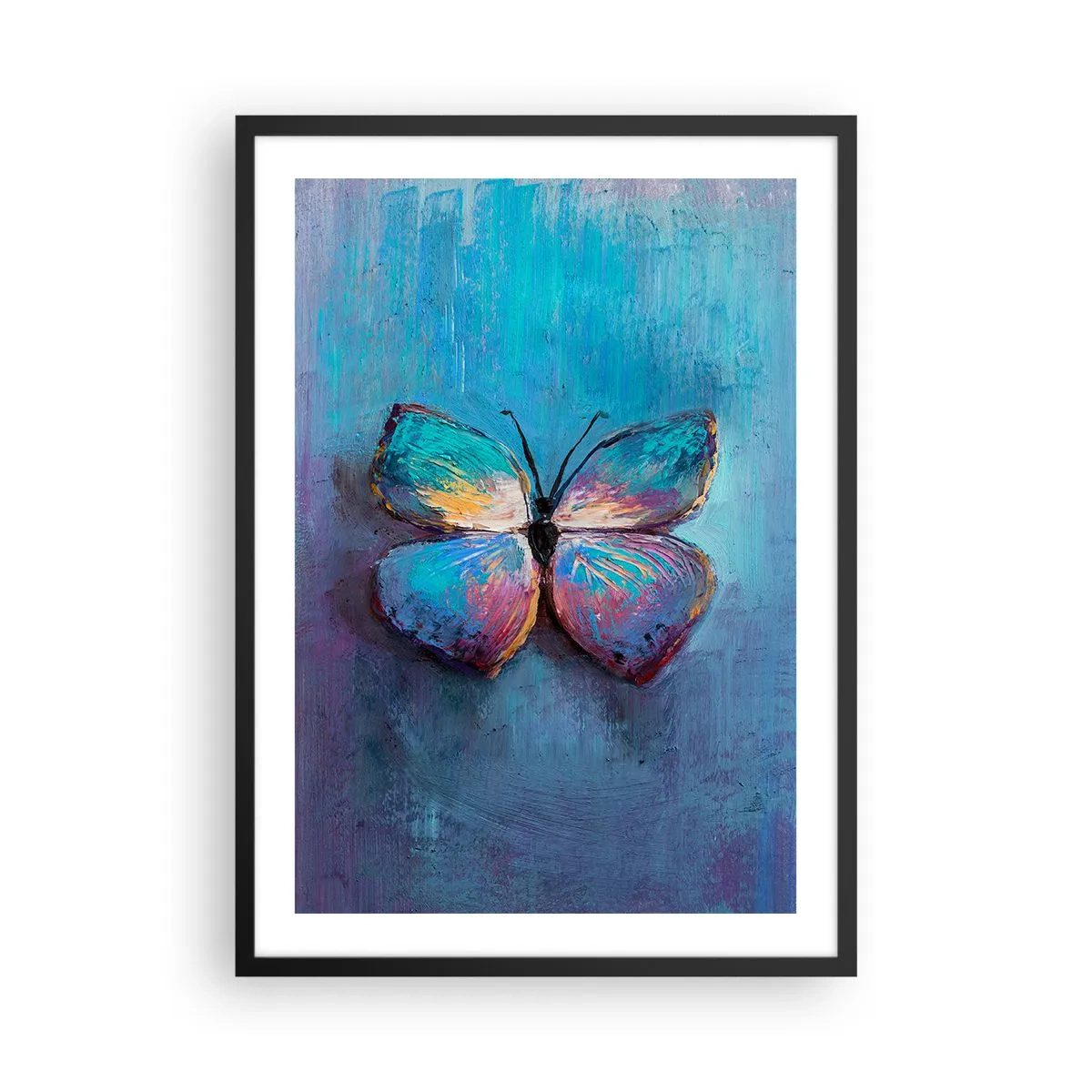 Poster in einem schwarzem Rahmen - Ein Schmetterling in intensiven Farben auf blauem Hintergrund - 50x70cm - In all seiner Pracht - Moderne Wanddekoration für Wohnzimmer und Schlafzimmer ARTTOR