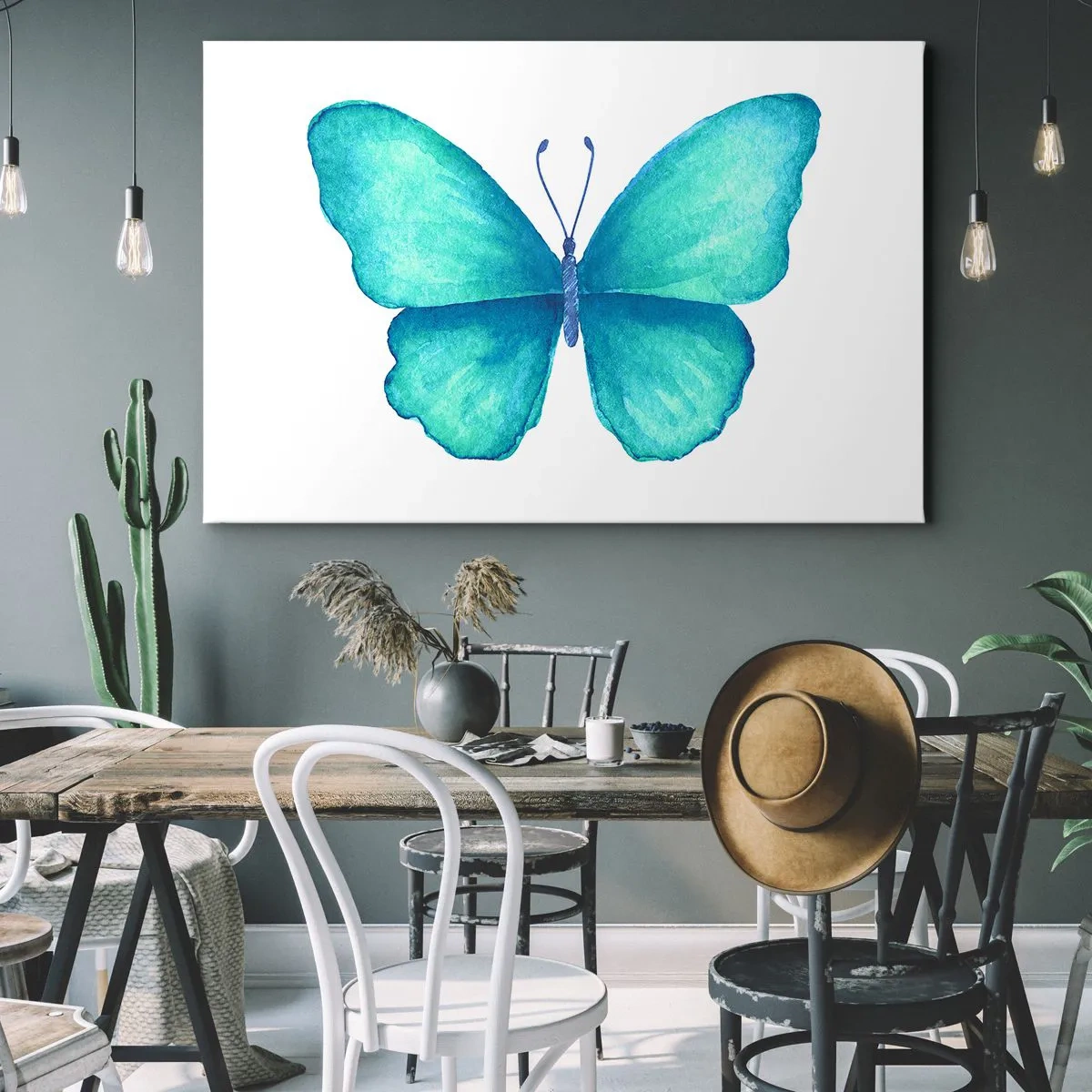 Bild auf Leinwand - Leinwandbild - Blauer Schmetterling im Aquarellstil auf weißem Hintergrund - 70x50cm - Türkis von Natur aus - Moderne Wanddekoration für Wohnzimmer und Schlafzimmer ARTTOR