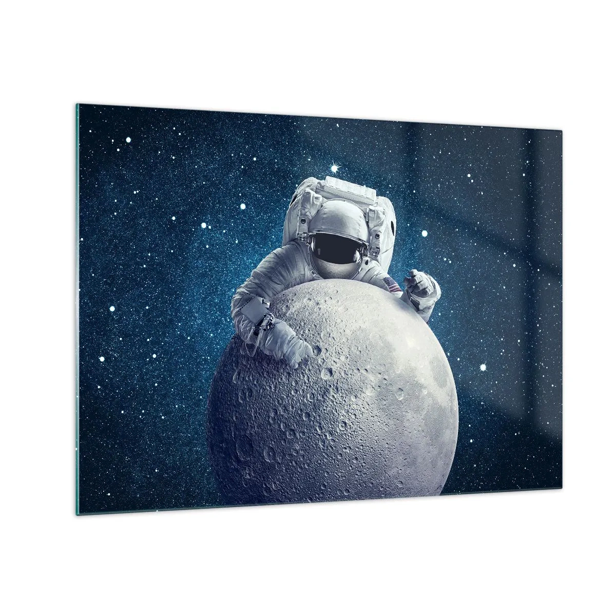 Glasbild - Bild auf glas - Astronaut umarmt den Mond vor einem Sternenhimmel - 70x50cm - Weltraumjoker - Moderne Wanddekoration für Wohnzimmer und Schlafzimmer ARTTOR