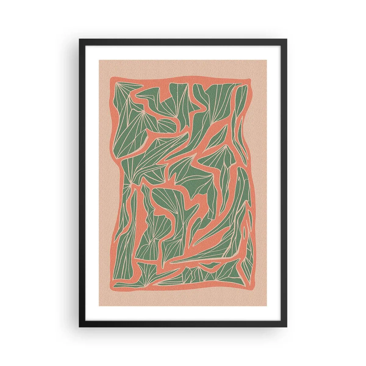 Poster in einem schwarzem Rahmen - Abstraktes Blattmuster in Grün- und Terrakottatönen - 50x70cm - Kampf zwischen Korallen und Grün - Moderne Wanddekoration für Wohnzimmer und Schlafzimmer ARTTOR
