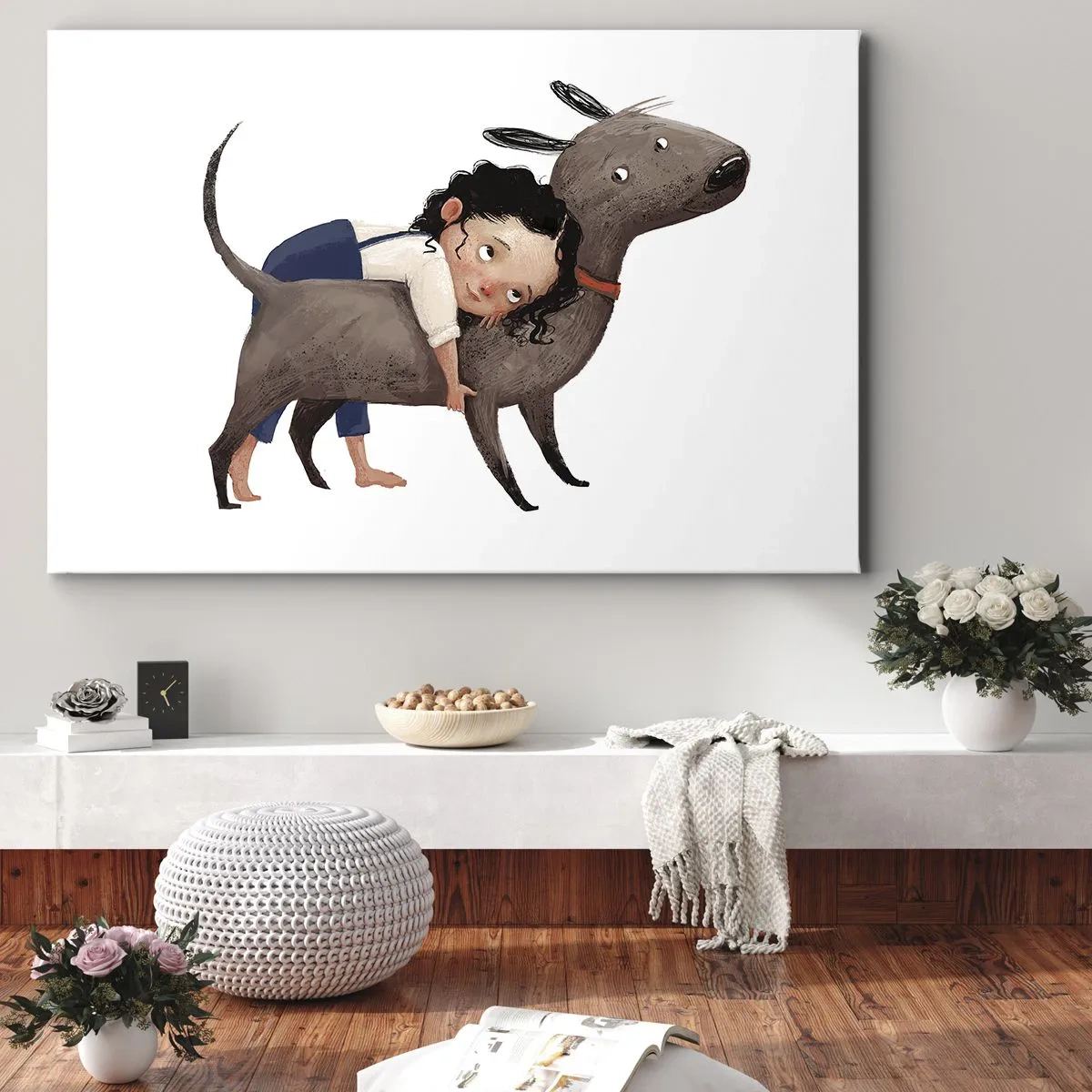 Bild auf Leinwand - Leinwandbild - Cartoonartige Illustration eines Kindes, das einen Hund umarmt - 70x50cm - Beste Freunde - Moderne Wanddekoration für Wohnzimmer und Schlafzimmer ARTTOR
