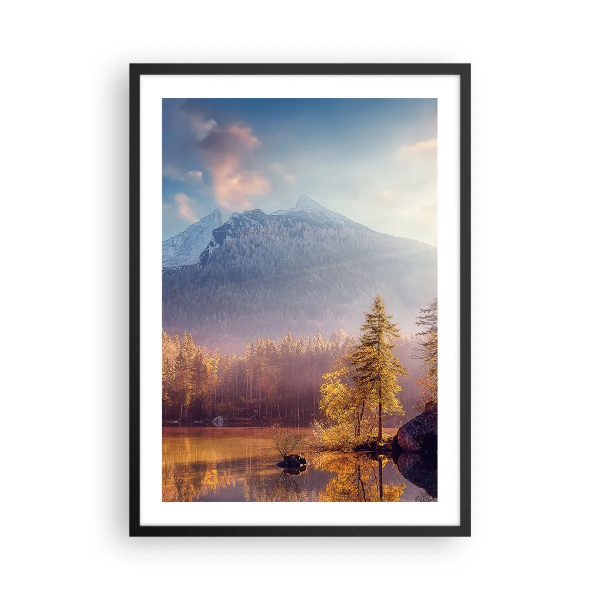 Poster in einem schwarzem Rahmen - Herbstliche Berglandschaft mit Spiegelbild im See - 50x70cm - In den Bergen und Tälern - Moderne Wanddekoration für Wohnzimmer und Schlafzimmer ARTTOR