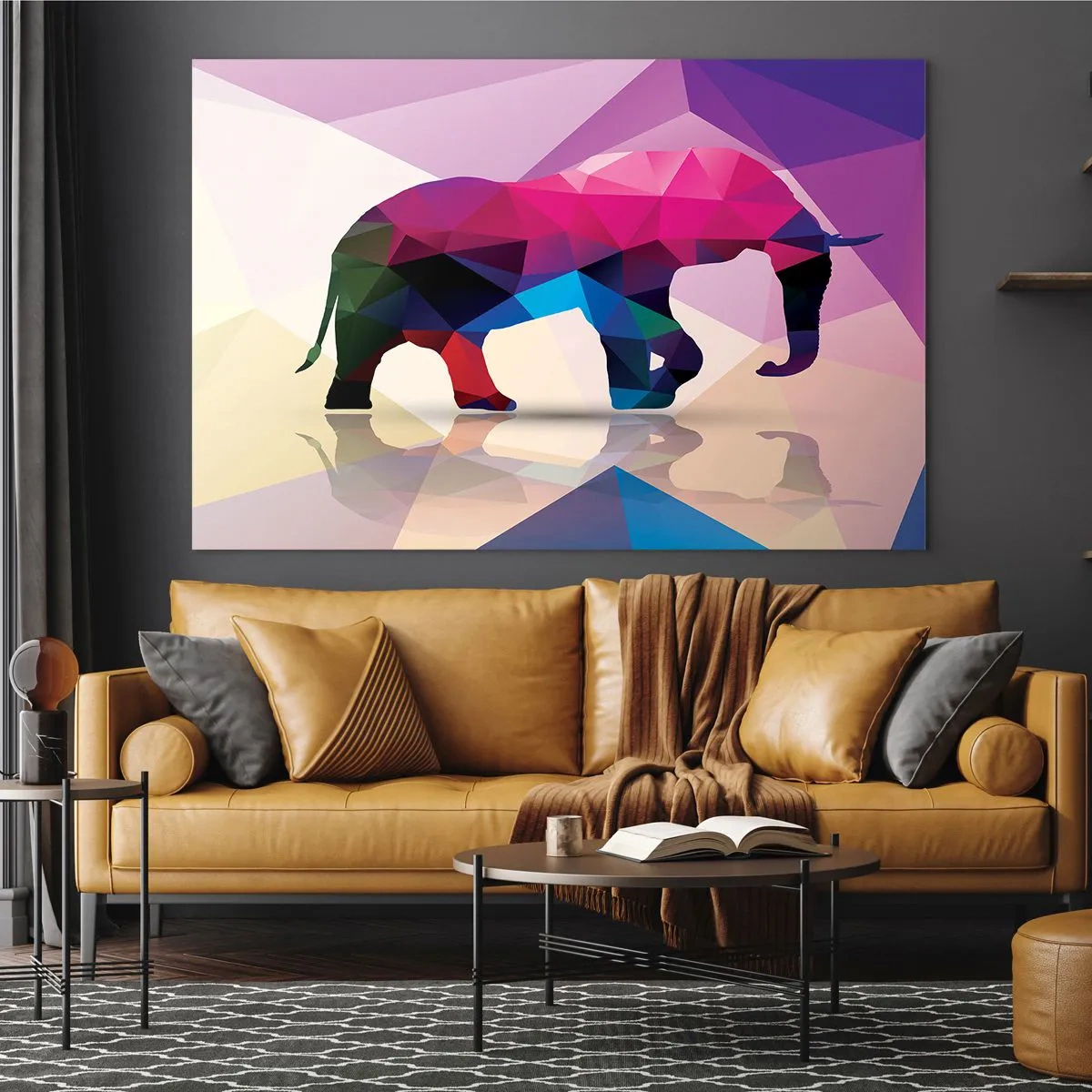 Glasbild - Bild auf glas - Geometrischer Elefant in lebendiger, farbenfroher Abstraktion - 70x50cm - Kristalldinosaurier - Moderne Wanddekoration für Wohnzimmer und Schlafzimmer ARTTOR