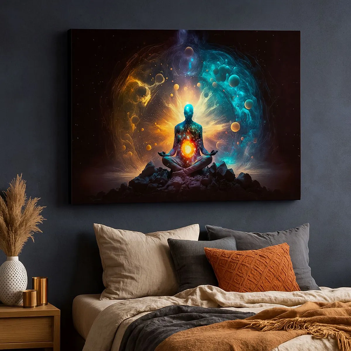 Bild auf Leinwand - Leinwandbild - Eine meditierende Figur, umgeben von einer kosmischen Aura - 70x50cm - Kosmischer Frieden - Moderne Wanddekoration für Wohnzimmer und Schlafzimmer ARTTOR