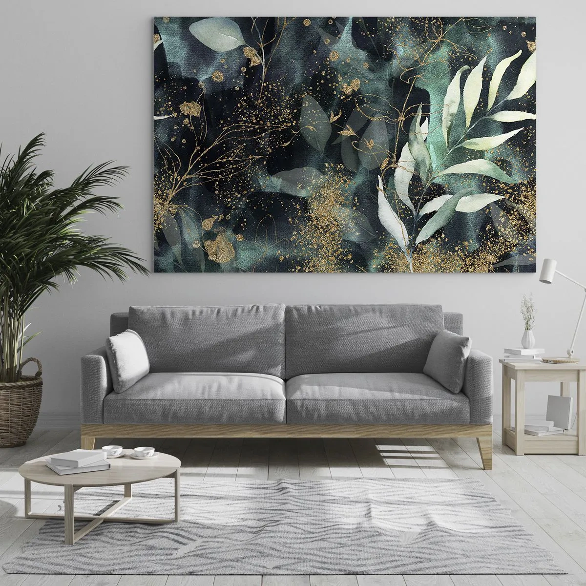 Glasbild - Bild auf glas - Gold- und Grünblätter auf dunklem Hintergrund - 70x50cm - Zaubergarten - Moderne Wanddekoration für Wohnzimmer und Schlafzimmer ARTTOR