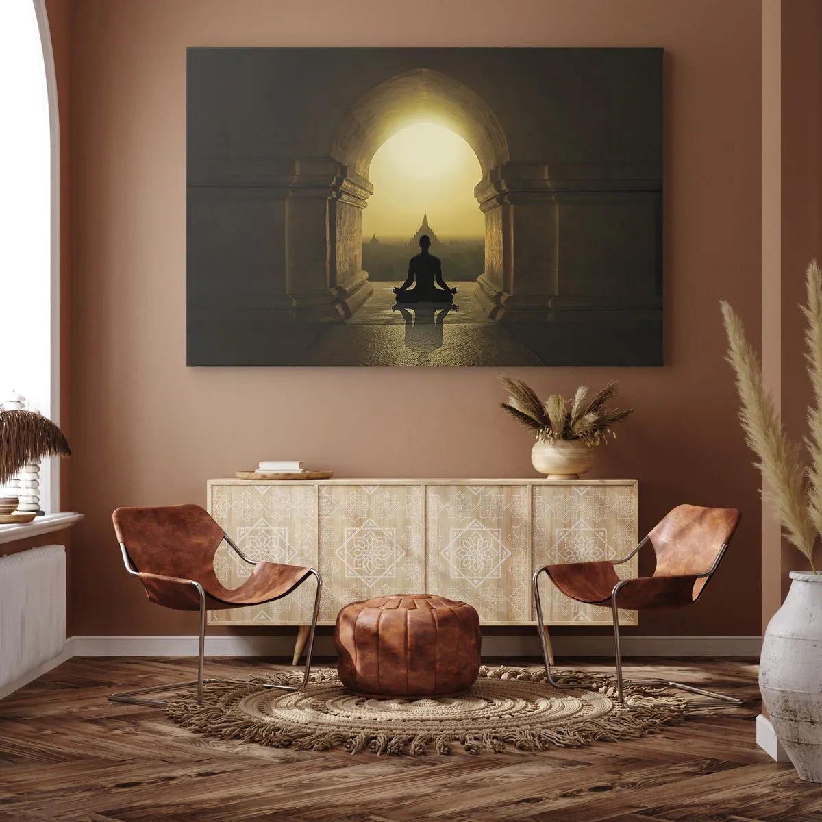 Bild auf Leinwand - Leinwandbild - Silhouette einer meditierenden Person im Licht der untergehenden Sonne - 70x50cm - Vollkommene Harmonie - Moderne Wanddekoration für Wohnzimmer und Schlafzimmer ARTTOR