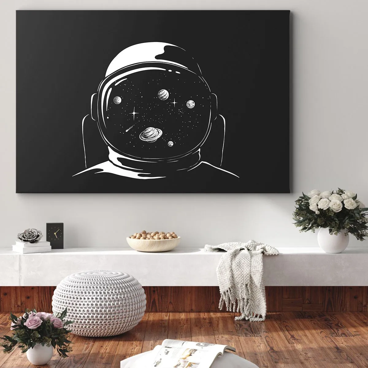 Bild auf Leinwand - Leinwandbild - Ein minimalistischer Astronautenhelm mit Blick ins Weltall - 70x50cm - Schöne Aussicht - Moderne Wanddekoration für Wohnzimmer und Schlafzimmer ARTTOR