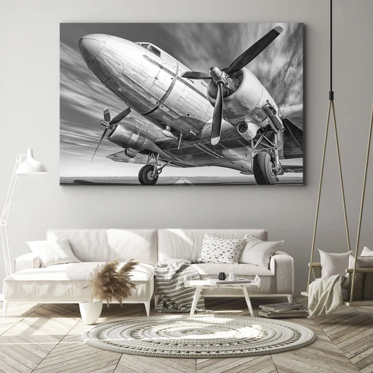 Bild auf Leinwand - Leinwandbild - Ein Schwarzweißbild eines klassischen Flugzeugs mit sichtbaren Strukturdetails. - 70x50cm - Immer flugbereit - Moderne Wanddekoration für Wohnzimmer und Schlafzimmer ARTTOR