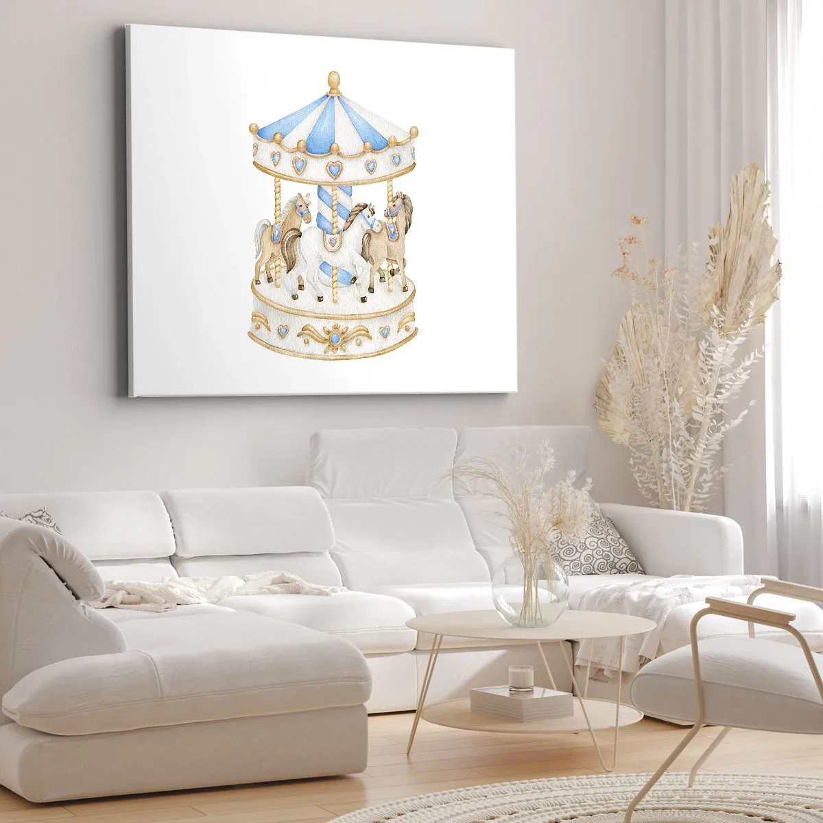 Bild auf Leinwand - Leinwandbild - Ein Karussell in Pastellfarben auf weißem Hintergrund - 70x50cm - Süße Kindheit - Moderne Wanddekoration für Wohnzimmer und Schlafzimmer ARTTOR