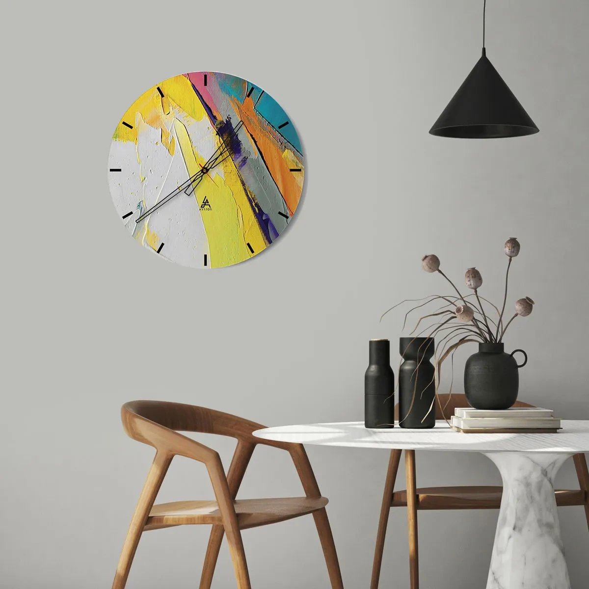 Wanduhr - Glasuhr - Bunte Abstraktion mit einer Dominanz von Gelb, Weiß und Blau - 30x30cm - Die Anatomie des Lichts - Moderne Wanddekoration für Wohnzimmer, Küche und Schlafzimmer ARTTOR