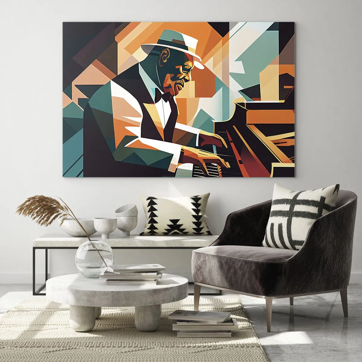 Glasbild - Bild auf glas - Ein farbenfrohes Porträt eines Jazz-Pianisten - 70x50cm - Alles vom Jazz - Moderne Wanddekoration für Wohnzimmer und Schlafzimmer ARTTOR