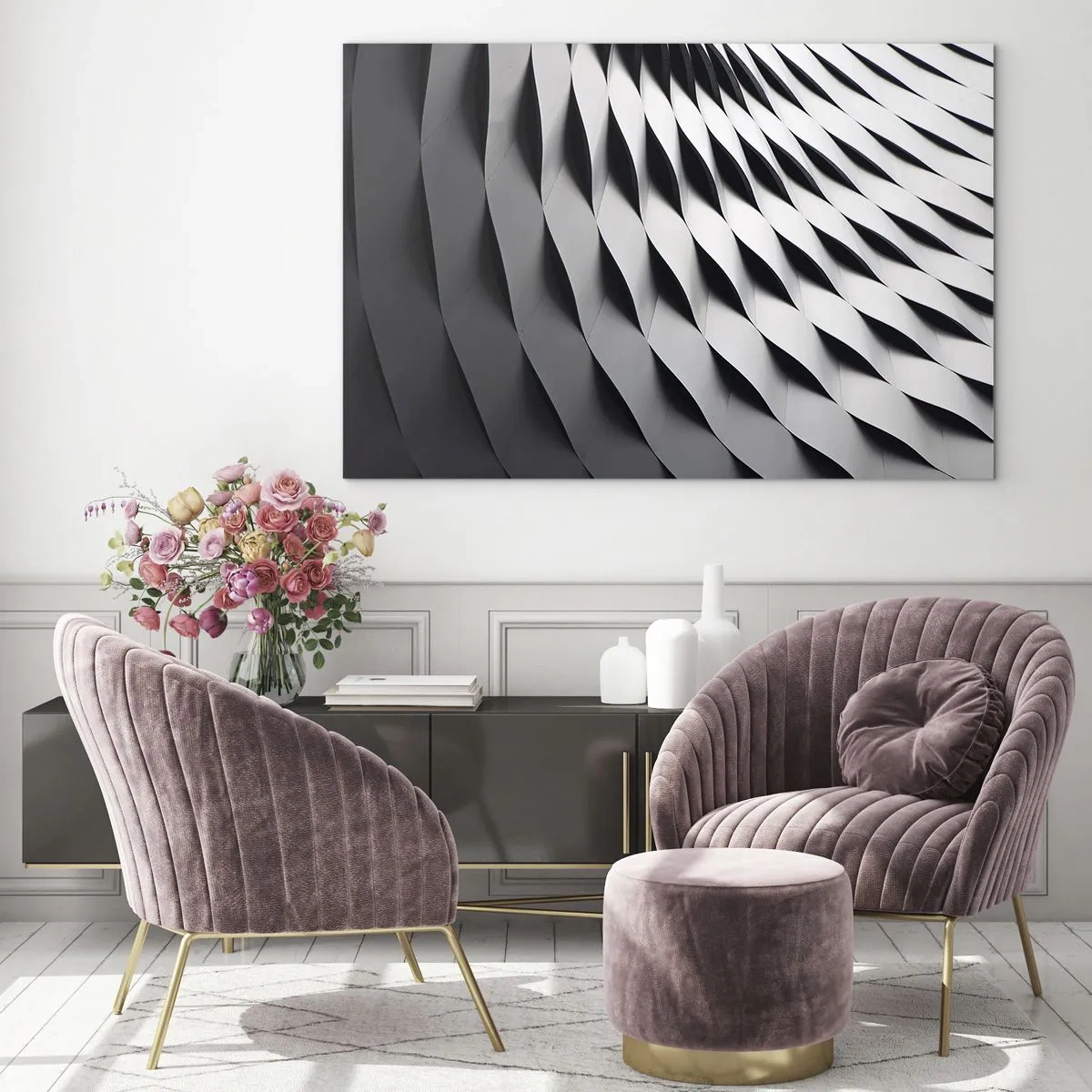 Glasbild - Bild auf glas - Eine abstrakte schwarz-weiße Struktur, die an wellenförmige Formen erinnert. - 70x50cm - Auf der Oberfläche der Wellen - Moderne Wanddekoration für Wohnzimmer und Schlafzimmer ARTTOR