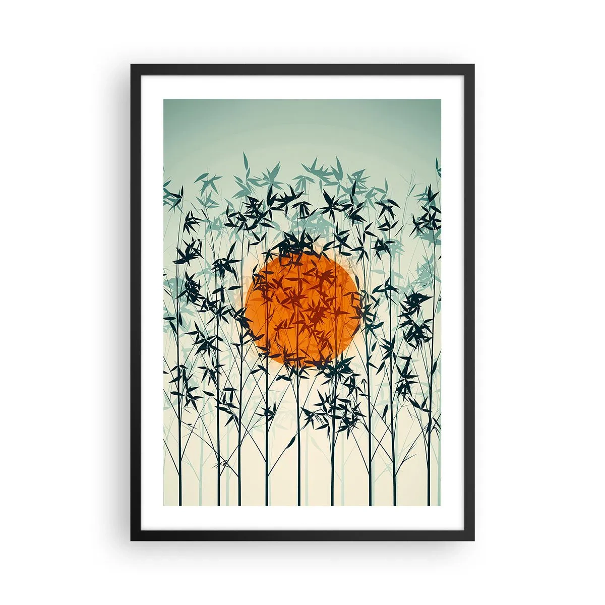 Poster in einem schwarzem Rahmen - Die Sonne hinter den Bambuszweigen - 50x70cm - Japanische Sonne - Moderne Wanddekoration für Wohnzimmer und Schlafzimmer ARTTOR