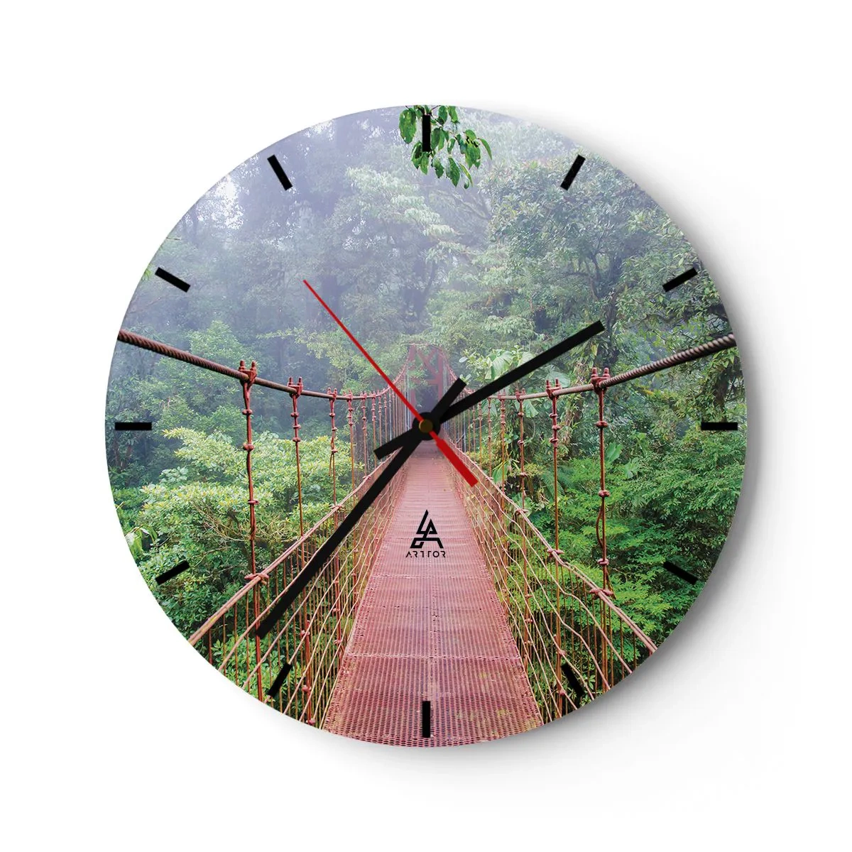 Wanduhr - Glasuhr - Eine rote Hängebrücke mitten im tropischen Dschungel - 30x30cm - Über den Kronen aufgehängt - Moderne Wanddekoration für Wohnzimmer, Küche und Schlafzimmer ARTTOR