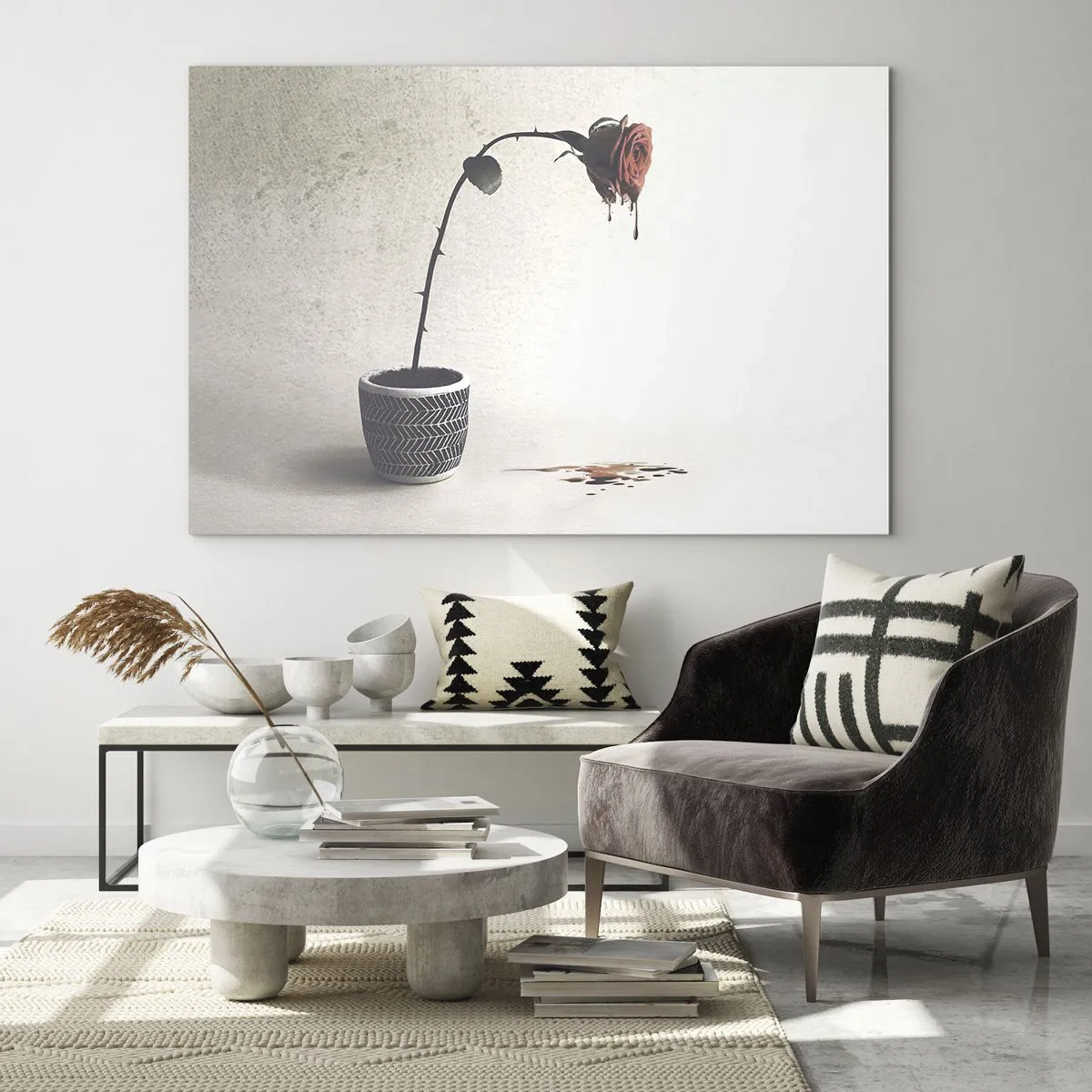 Glasbild - Bild auf glas - Eine symbolische Rose in einem Topf mit tropfender Farbe - 70x50cm - Rosa dolorosa - Moderne Wanddekoration für Wohnzimmer und Schlafzimmer ARTTOR