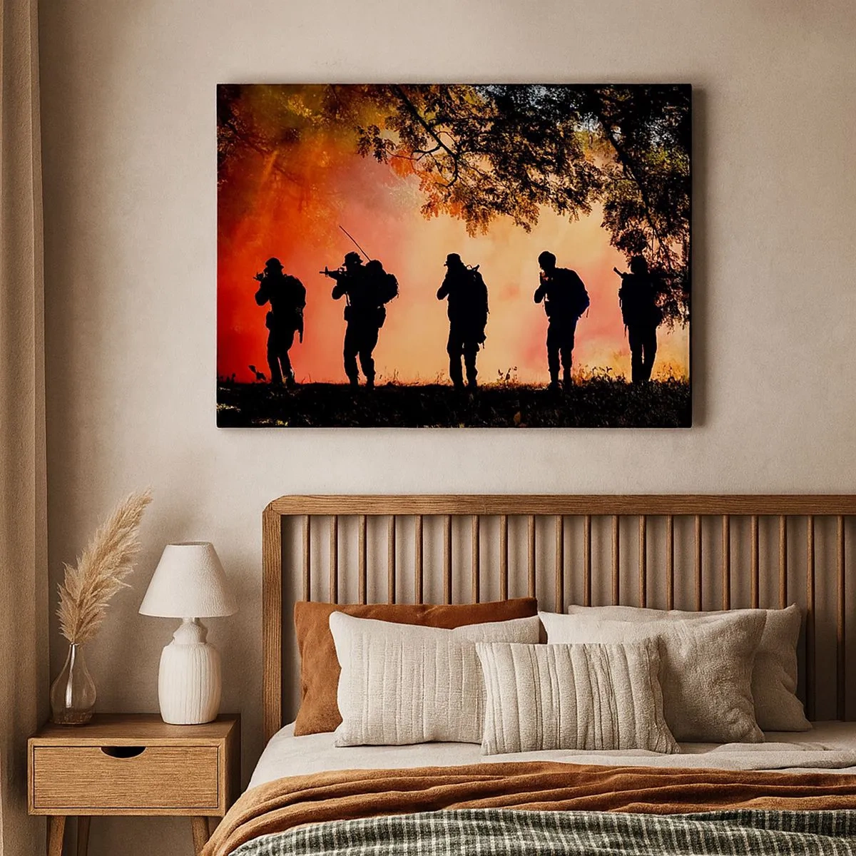 Bild auf Leinwand - Leinwandbild - Silhouetten von Soldaten im Wald vor dem orangefarbenen Himmel - 70x50cm - … Alle für einen. - Moderne Wanddekoration für Wohnzimmer und Schlafzimmer ARTTOR