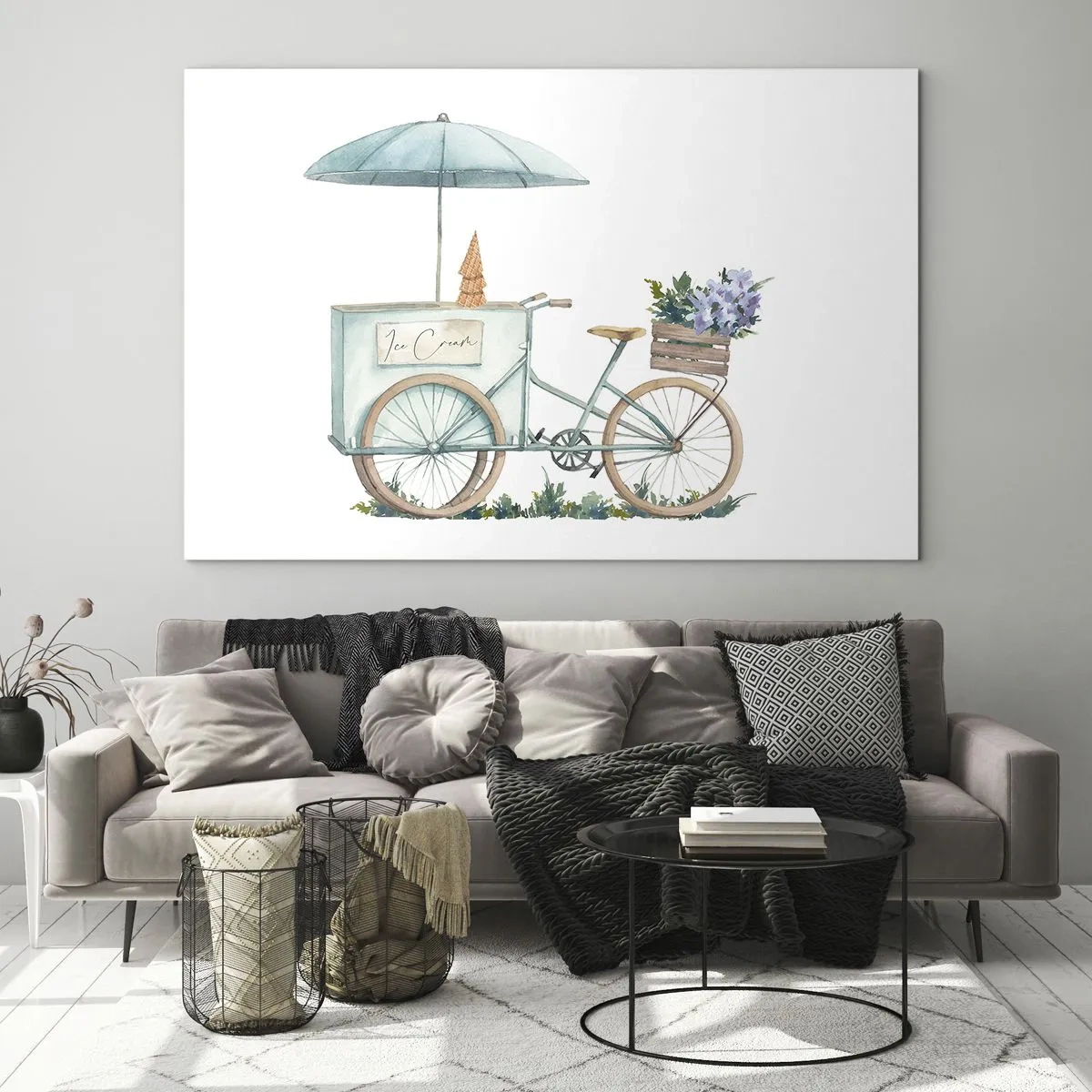 Glasbild - Bild auf glas - Ein Fahrrad mit Eiscreme und pastellfarbenen Blumen - 70x50cm - Süße Erinnerung an den Sommer - Moderne Wanddekoration für Wohnzimmer und Schlafzimmer ARTTOR