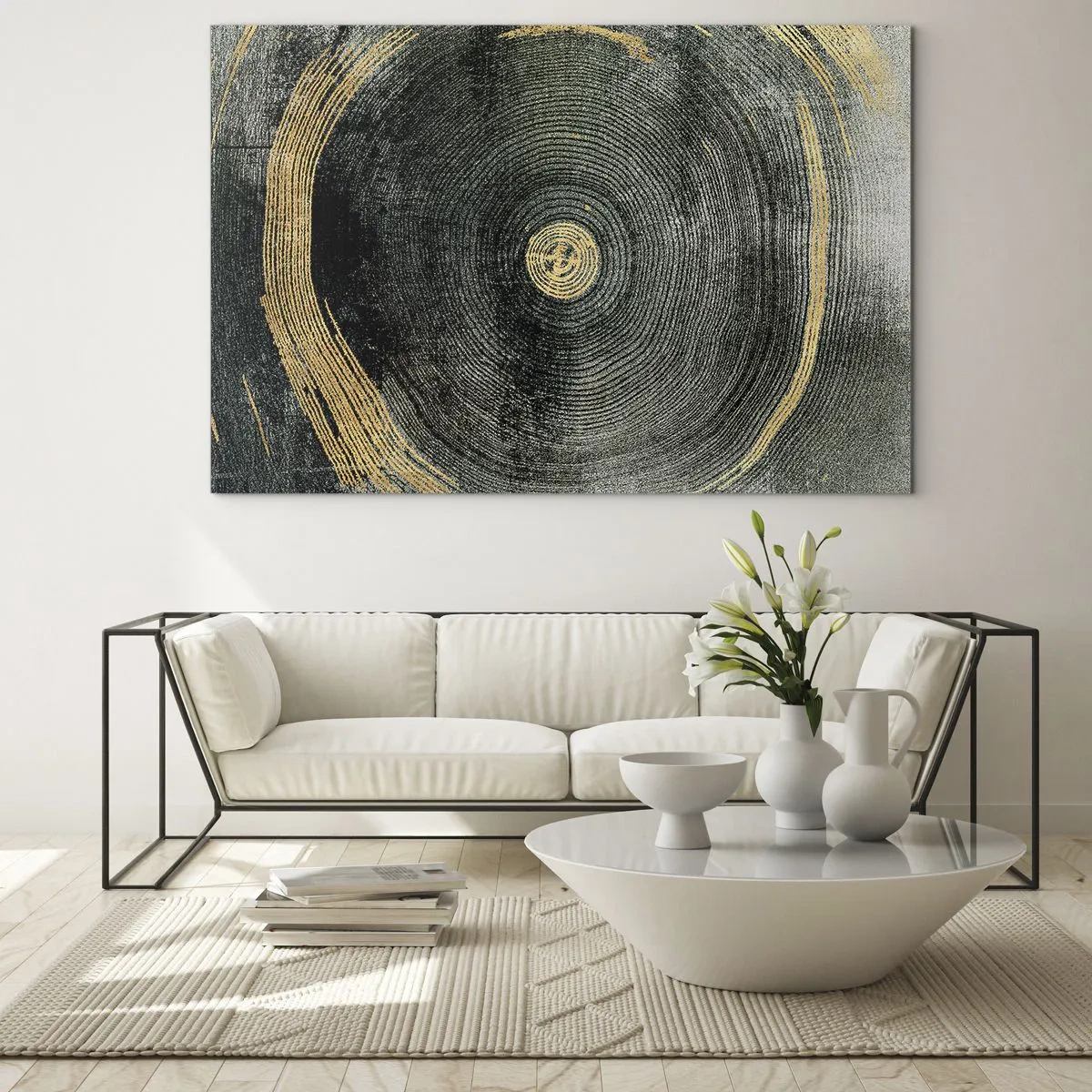 Glasbild - Bild auf glas - Querschnitt eines Baumstammes mit Details und goldenen Akzenten - 70x50cm - Veränderung und Beständigkeit - Moderne Wanddekoration für Wohnzimmer und Schlafzimmer ARTTOR