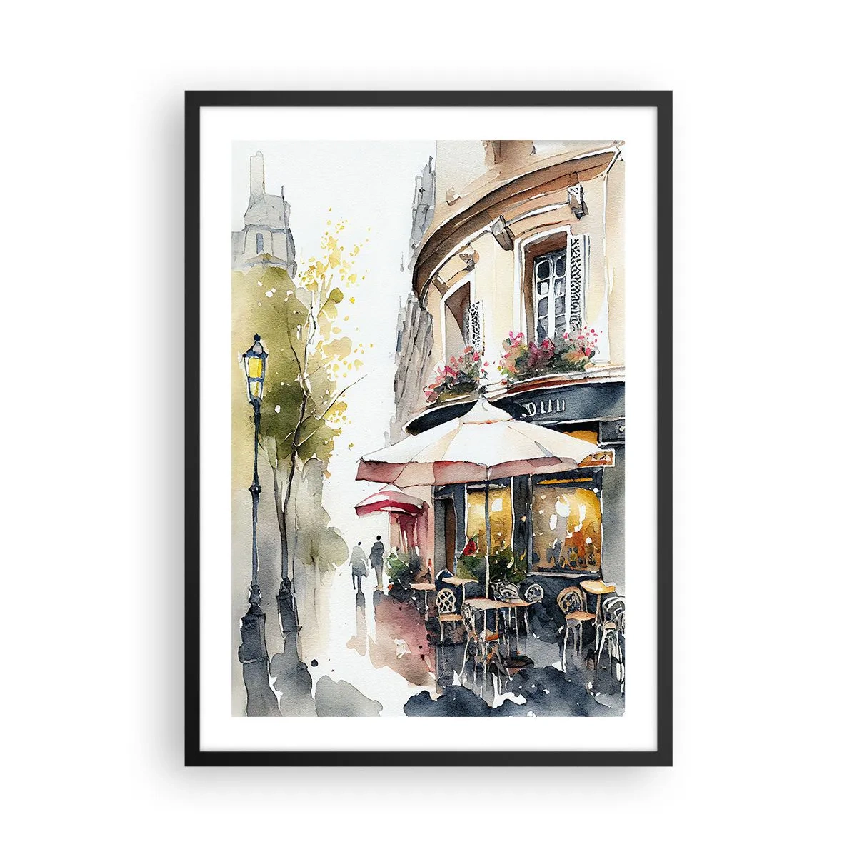 Poster in einem schwarzem Rahmen - Ein Café in einer malerischen Straße im europäischen Stil - 50x70cm - Pariser Morgen - Moderne Wanddekoration für Wohnzimmer und Schlafzimmer ARTTOR