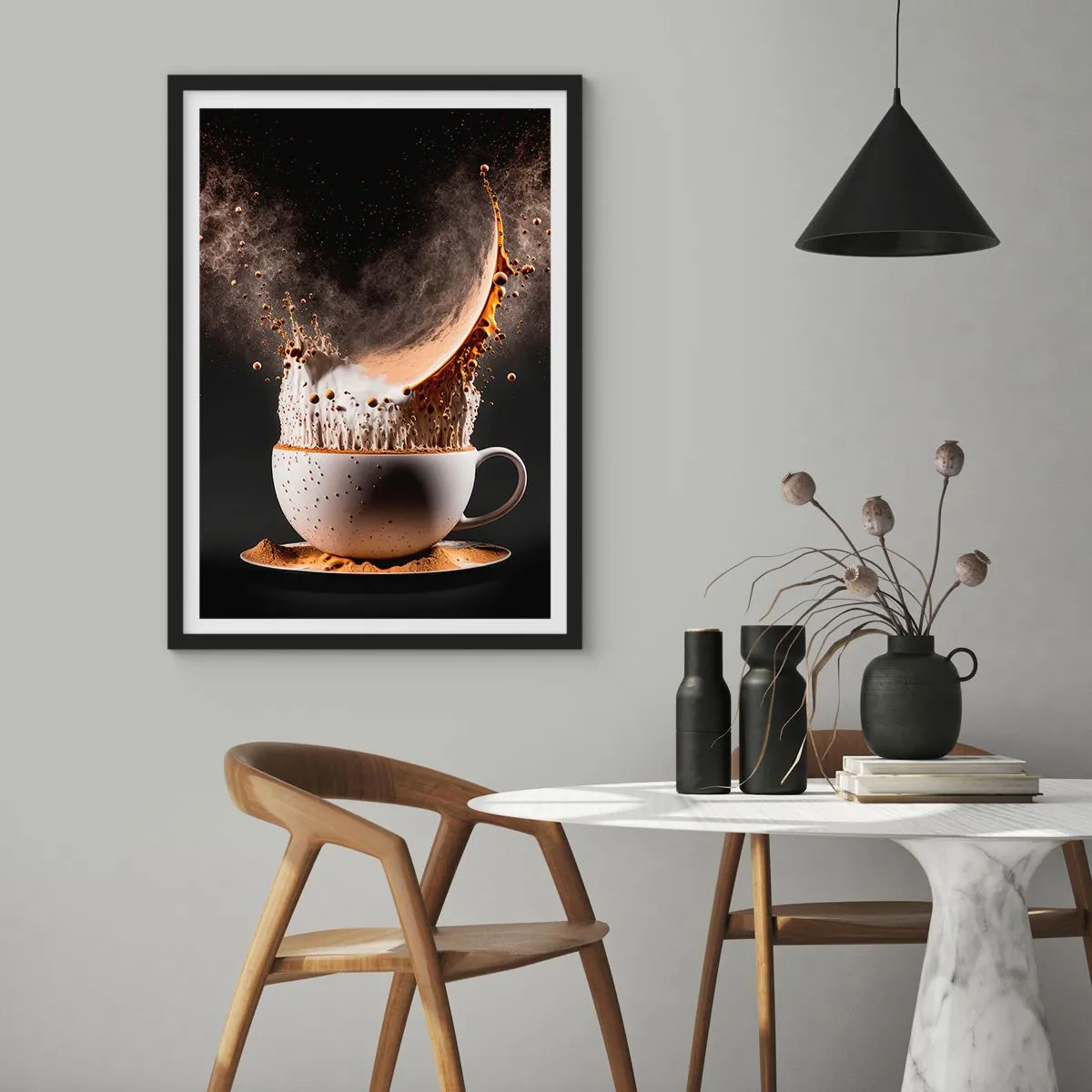 Poster in einem schwarzem Rahmen - Eine dynamische Kaffeeexplosion in einer Tasse - 50x70cm - Geschmacksexplosion - Moderne Wanddekoration für Wohnzimmer und Schlafzimmer ARTTOR