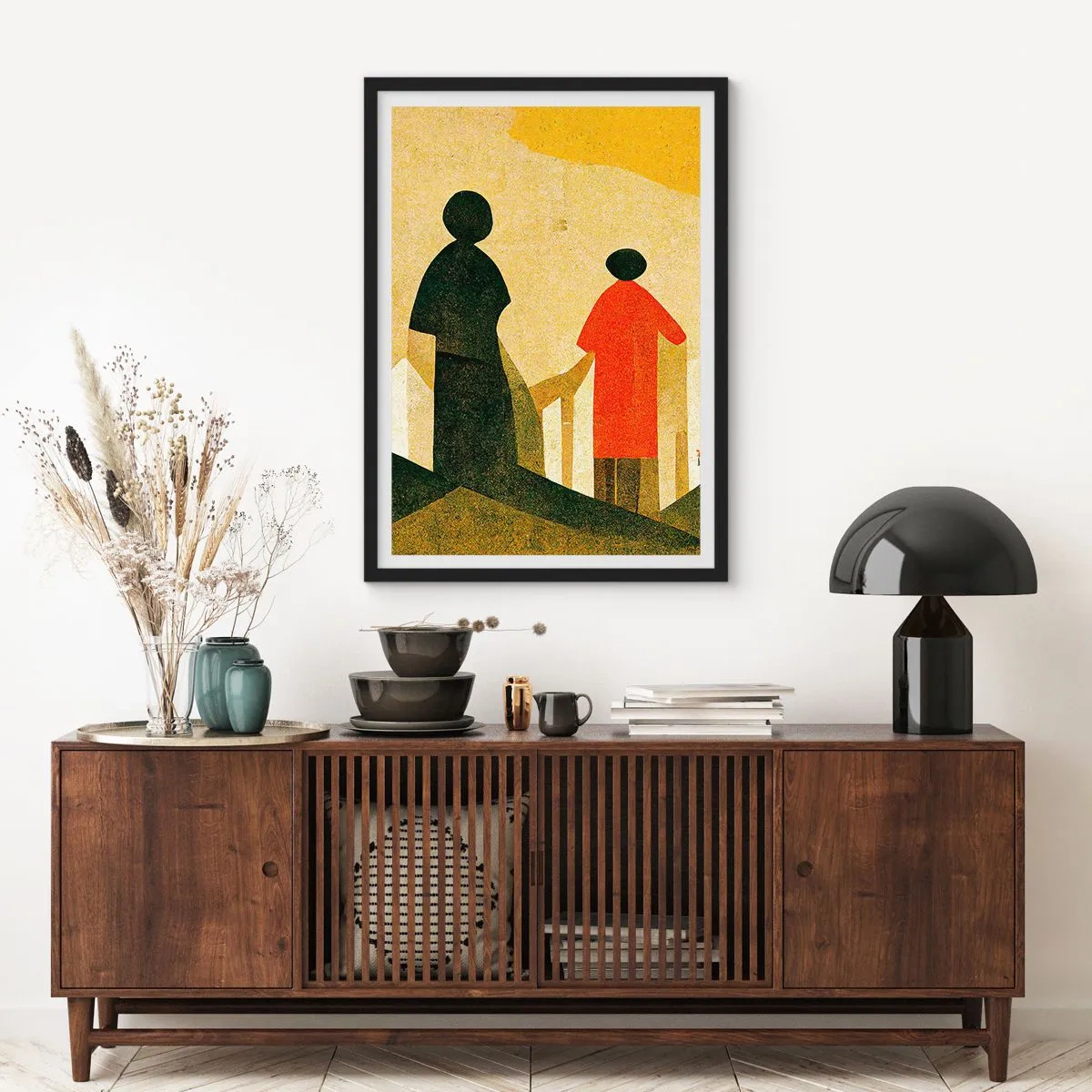 Poster in einem schwarzem Rahmen - Geometrische Silhouetten von Figuren vor dem Hintergrund einer abstrakten Landschaft - 50x70cm - Es ist noch ein langer Weg - Moderne Wanddekoration für Wohnzimmer und Schlafzimmer ARTTOR