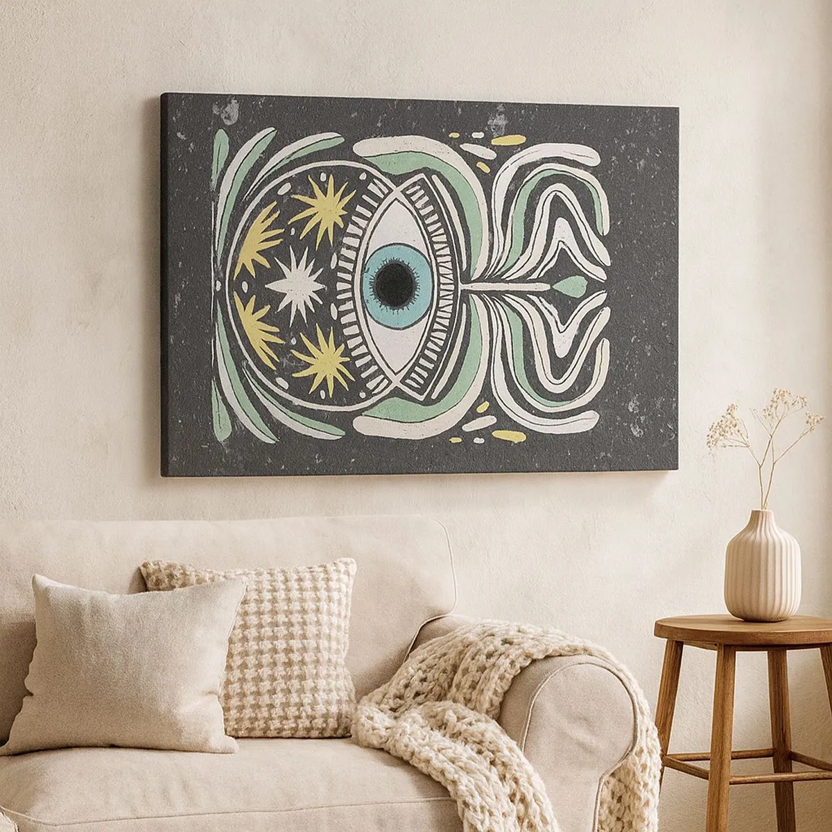 Bild auf Leinwand - Leinwandbild - Ein symbolisches Auge, umgeben von abstrakten Mustern - 70x50cm - Stammesrituale - Moderne Wanddekoration für Wohnzimmer und Schlafzimmer ARTTOR