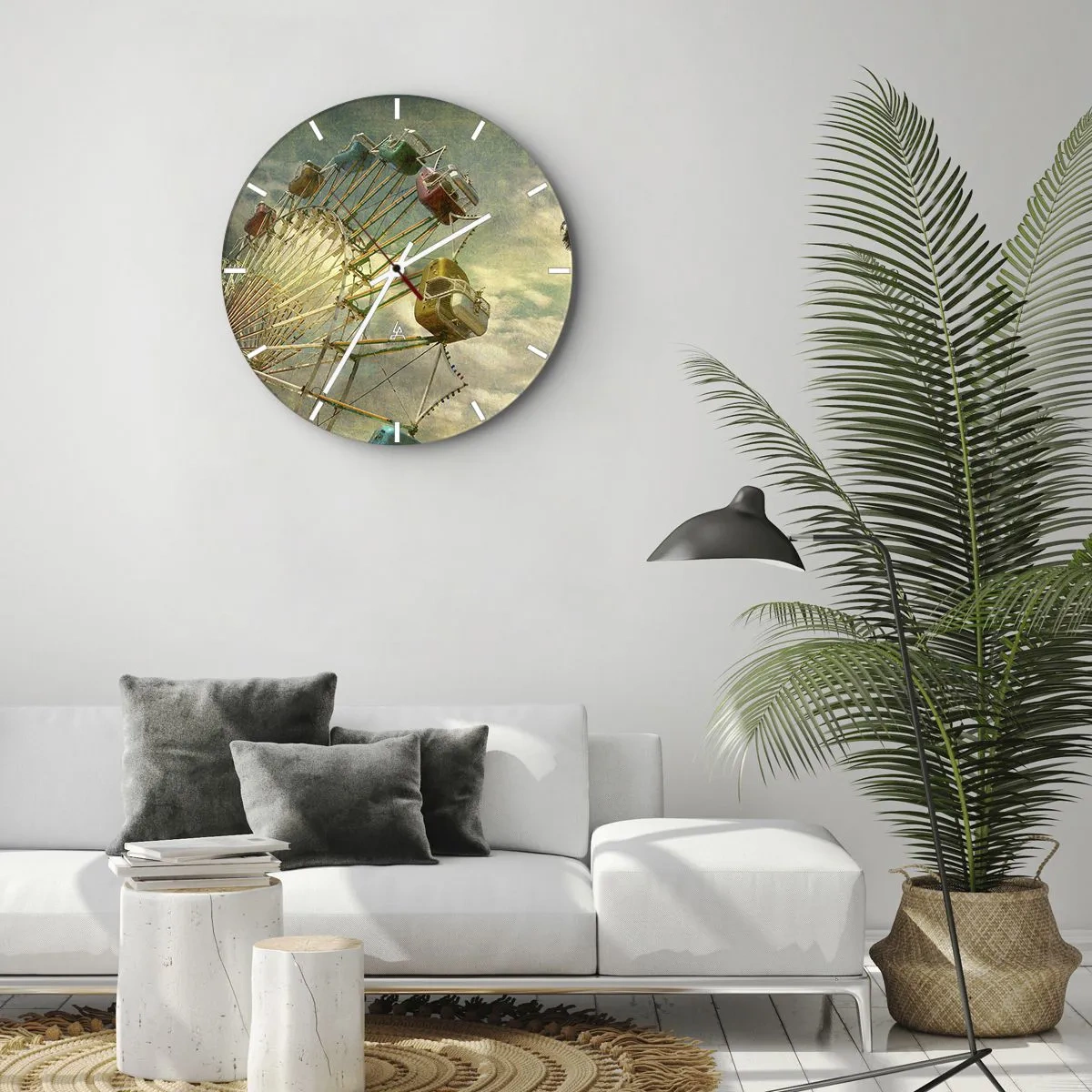 Wanduhr - Glasuhr - Ein buntes Riesenrad gegen den Himmel im Retro-Stil - 30x30cm - Es wird Spaß geben ... - Moderne Wanddekoration für Wohnzimmer, Küche und Schlafzimmer ARTTOR