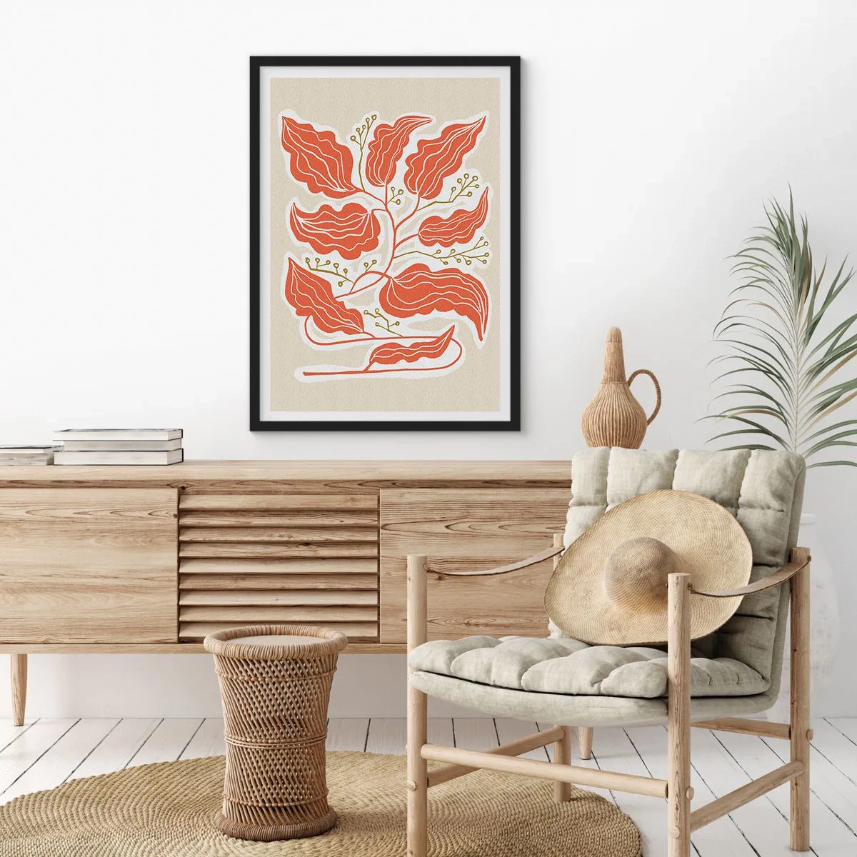 Poster in einem schwarzem Rahmen - Eine abstrakte Komposition aus Blättern in Orange- und Beigetönen. - 50x70cm - Im Folkstil und korallenartig - Moderne Wanddekoration für Wohnzimmer und Schlafzimmer ARTTOR